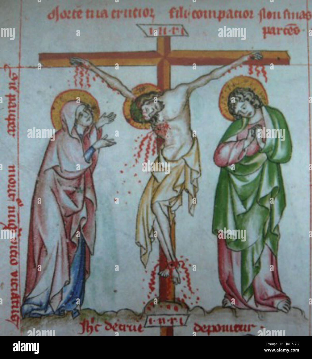 Ukrizovani ist ein Kunstwerk, das die Kreuzigung, eine bedeutende religiöse Szene, darstellt. Das Gemälde konzentriert sich auf die zentrale Figur Christus am Kreuz, mit dramatischer Beleuchtung und emotionaler Intensität. Stockfoto