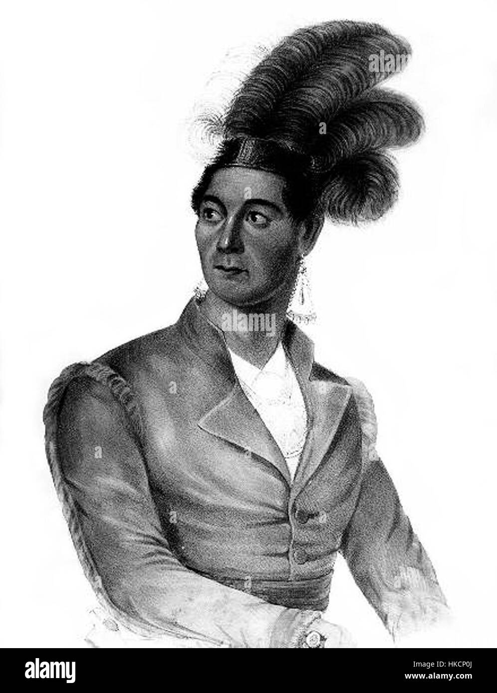 Eine Illustration von Joseph Brant, einem prominenten Mohawk-Führer und Militärfigur während des Amerikanischen Unabhängigkeitskrieges. Bekannt für seine Bündnisse mit den Briten, spielte Brant eine Schlüsselrolle in dem Konflikt, insbesondere in den nördlichen Grenzregionen und den Regionen der Großen Seen. Stockfoto