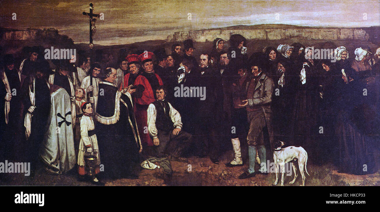 „Begräbnis bei Ornans“ von Gustave Courbet ist ein realistisches Meisterwerk, das eine Begräbnisszene in einer ländlichen französischen Stadt darstellt. Das Gemälde stellt traditionelle romantisierte Darstellungen des Todes in Frage und bietet eine rohe und wahrheitsgetreue Darstellung von Leben und Tod. Stockfoto
