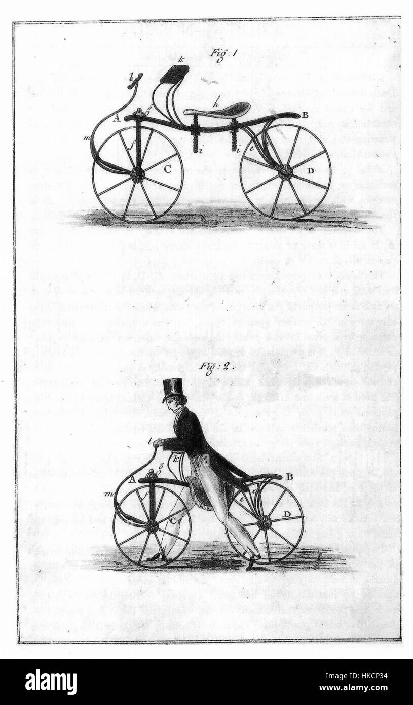 „Velocipede Johnson“ ist ein Kunstwerk, das die frühen Entwürfe eines Velocipedes, einer frühen Form eines Fahrrads aus dem 19. Jahrhundert, festlegt. Dieses Gemälde unterstreicht die innovative Technik hinter den ersten pedalbetriebenen Maschinen. Stockfoto
