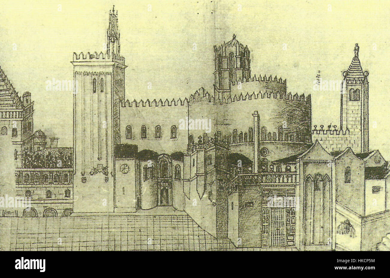 Dieses Kunstwerk von Vega y Verdugo aus dem Jahr 1657 zeigt die Fassade der Quintana in Spanien und zeigt den architektonischen Stil und die kulturellen Einflüsse dieser Zeit. Das Gemälde hebt barocke Designelemente und die Pracht der spanischen religiösen Architektur hervor. Stockfoto
