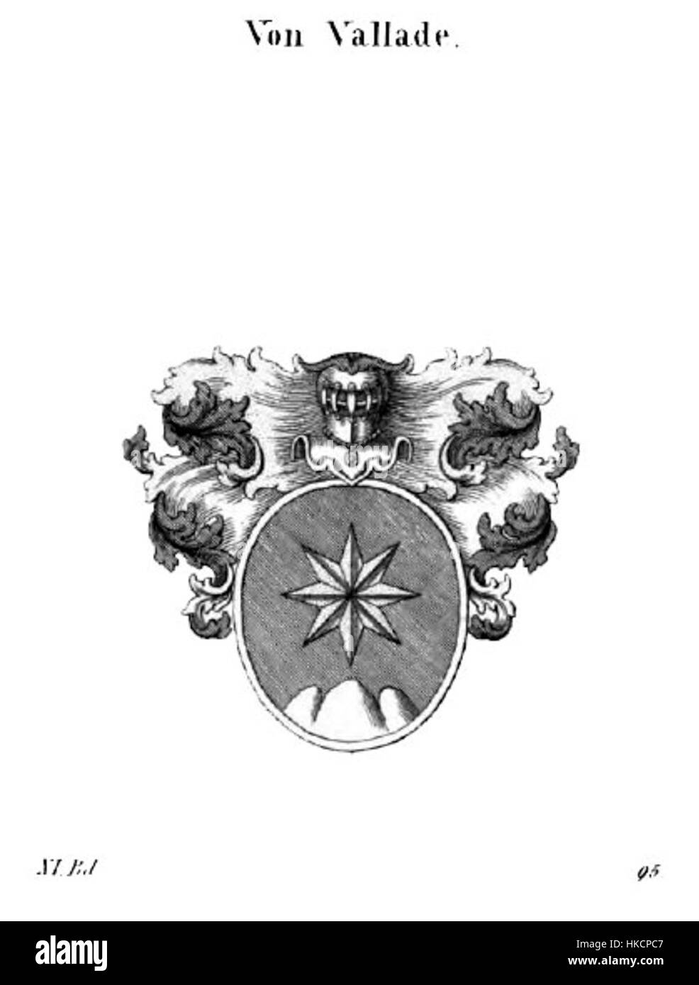 „Wappen von Vallade“ ist ein heraldisches Kunstwerk, das ein Familienwappen darstellt. Heraldik in der Kunst dient als Symbol für Abstammung, Erbe und Status, oft mit komplizierten Details und einer reichen Geschichte. Stockfoto