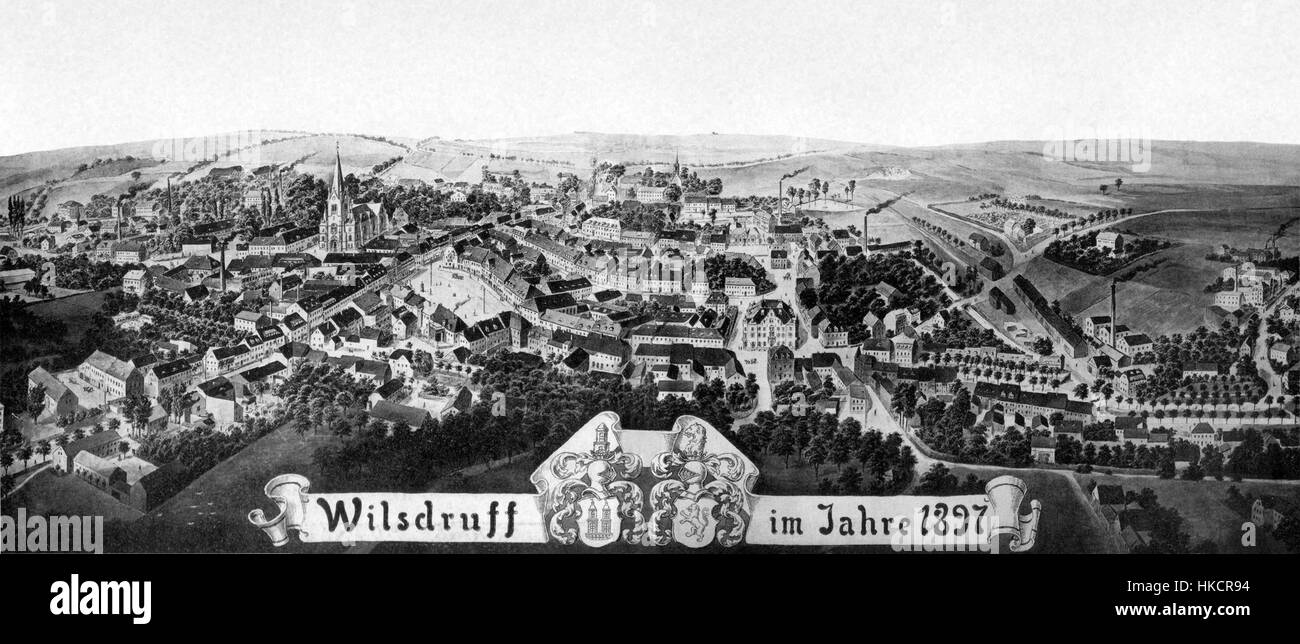 Das Gemälde mit dem Titel *Wilsdruff 1897 A* spiegelt den historischen Kontext des späten 19. Jahrhunderts wider und erfasst eine bestimmte Zeit und einen Ort in einem detaillierten und ausdrucksstarken Stil, der für seine Zeit typisch ist. Das Kunstwerk bietet Einblicke in den ästhetischen und sozialen Kontext der Ära. Stockfoto