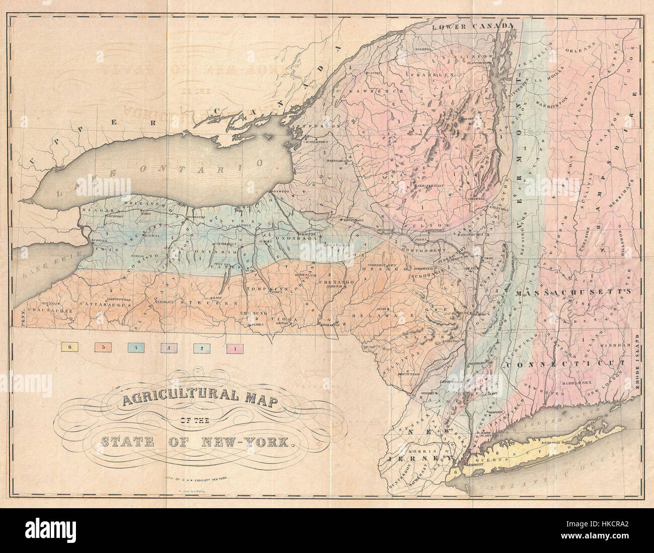 Eine Karte aus dem Jahr 1846, die von Emmons erstellt wurde und die landwirtschaftliche Landschaft des Bundesstaates New York illustriert. Sie bietet wertvolle Einblicke in die landwirtschaftlichen Praktiken und die Landverteilung des 19. Jahrhunderts. Stockfoto