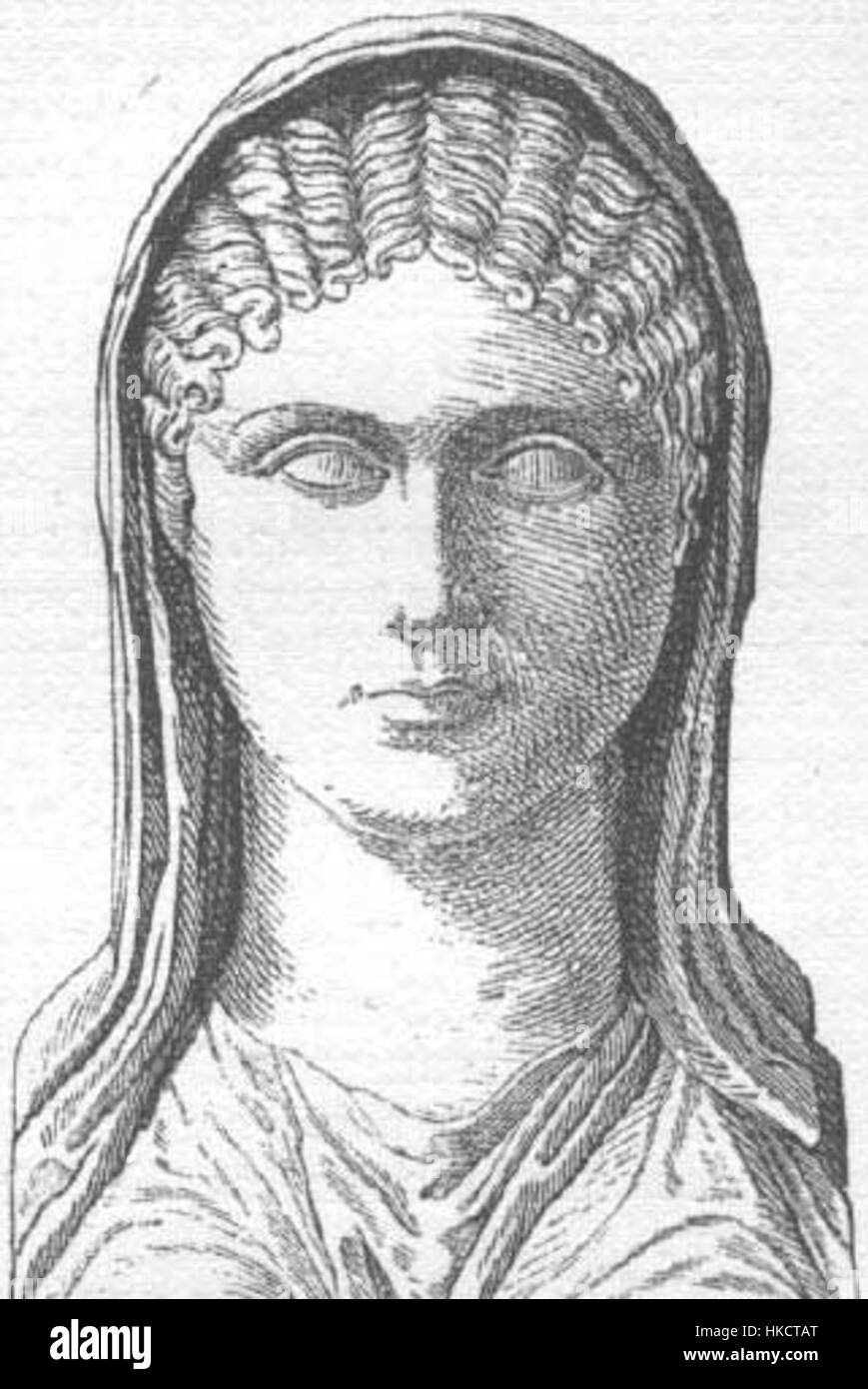 *Aspasia* war eine prominente Persönlichkeit im antiken Griechenland, bekannt für ihre Intelligenz und ihren politischen Einfluss. Dieses Kunstwerk stellt sie als intellektuelle und kulturelle Figur dar und spiegelt ihre Rolle in der athenischen Gesellschaft im 5. Jahrhundert v. Chr. wider. Stockfoto