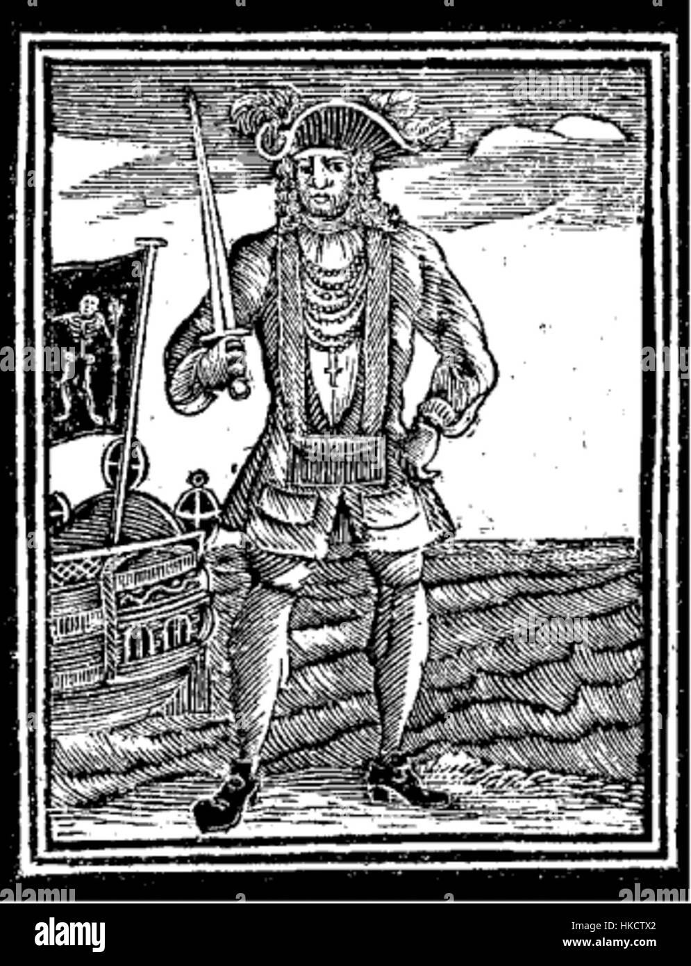 Dieses Gemälde zeigt Bartholomew Roberts, einen der berüchtigtsten Piraten des Goldenen Zeitalters der Piraterie. Roberts ist bekannt für seine waghalsigen Taten und wird als Schlüsselfigur in der maritimen Geschichte gezeigt. Das Kunstwerk fängt die Kühnheit des Piraten ein und trägt zur Darstellung der Piraterie in der Kunst des 17. Jahrhunderts bei. Stockfoto