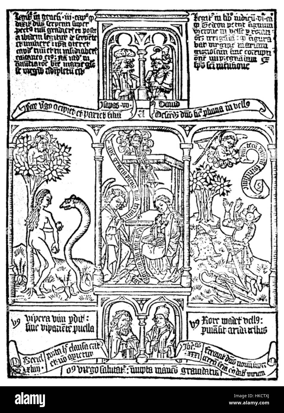 Die „Biblia pauperum“ ist eine Reihe von Holzschnitt-Illustrationen, die biblische Szenen darstellen, die für Analphabeten entworfen wurden, um religiöse Geschichten durch Bilder zu verstehen. Diese Drucke waren ein wichtiger Teil der mittelalterlichen Religionspädagogik und dienten als visuelle Hilfsmittel für die Schriften im 14. Und 15. Jahrhundert. Stockfoto