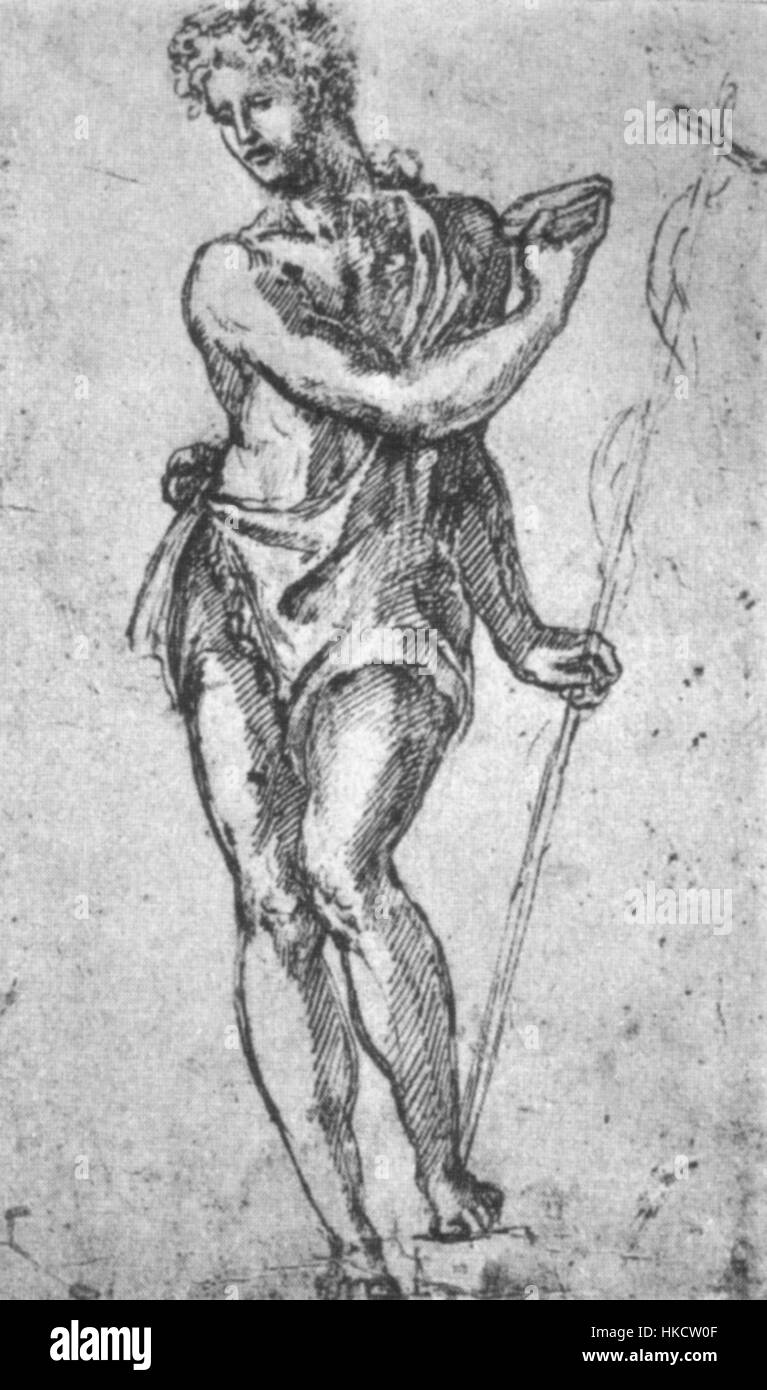 Baccio Bandinellis Skulptur „San Giovanni Battista“, möglicherweise eine Kopie von Michelangelos Werk, wird im Louvre ausgestellt. Die Skulptur veranschaulicht die Kunst der Renaissance mit ihrem Schwerpunkt auf klassischen Proportionen und komplizierten Details. Stockfoto