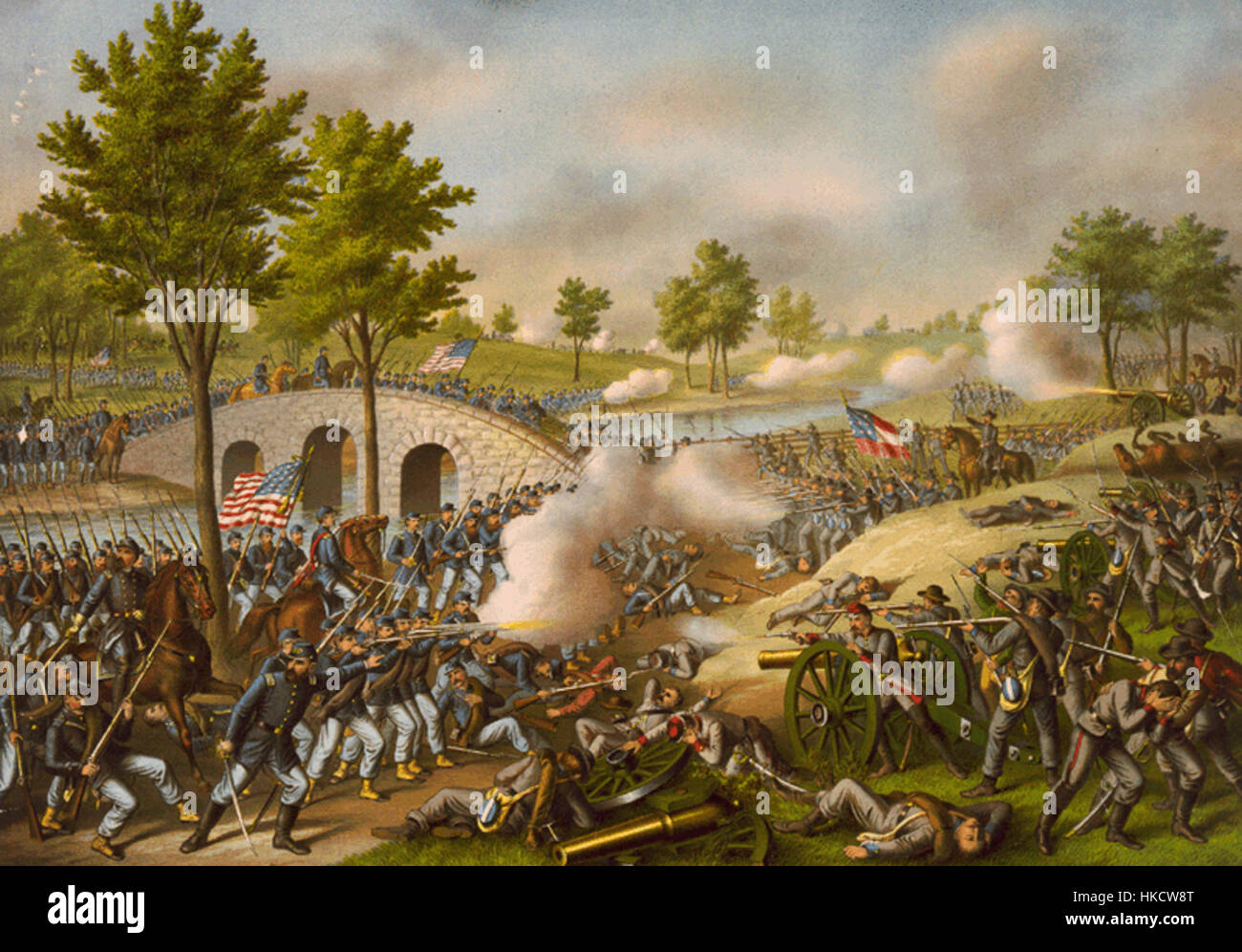 Die Schlacht von Antietam, die 1862 während des Amerikanischen Bürgerkriegs ausgetragen wurde, ist in verschiedenen Kunstwerken dargestellt. Die Schlacht war eine der blutigsten eintägigen Schlachten der amerikanischen Geschichte, mit bedeutendem militärischem und historischem Einfluss. Stockfoto