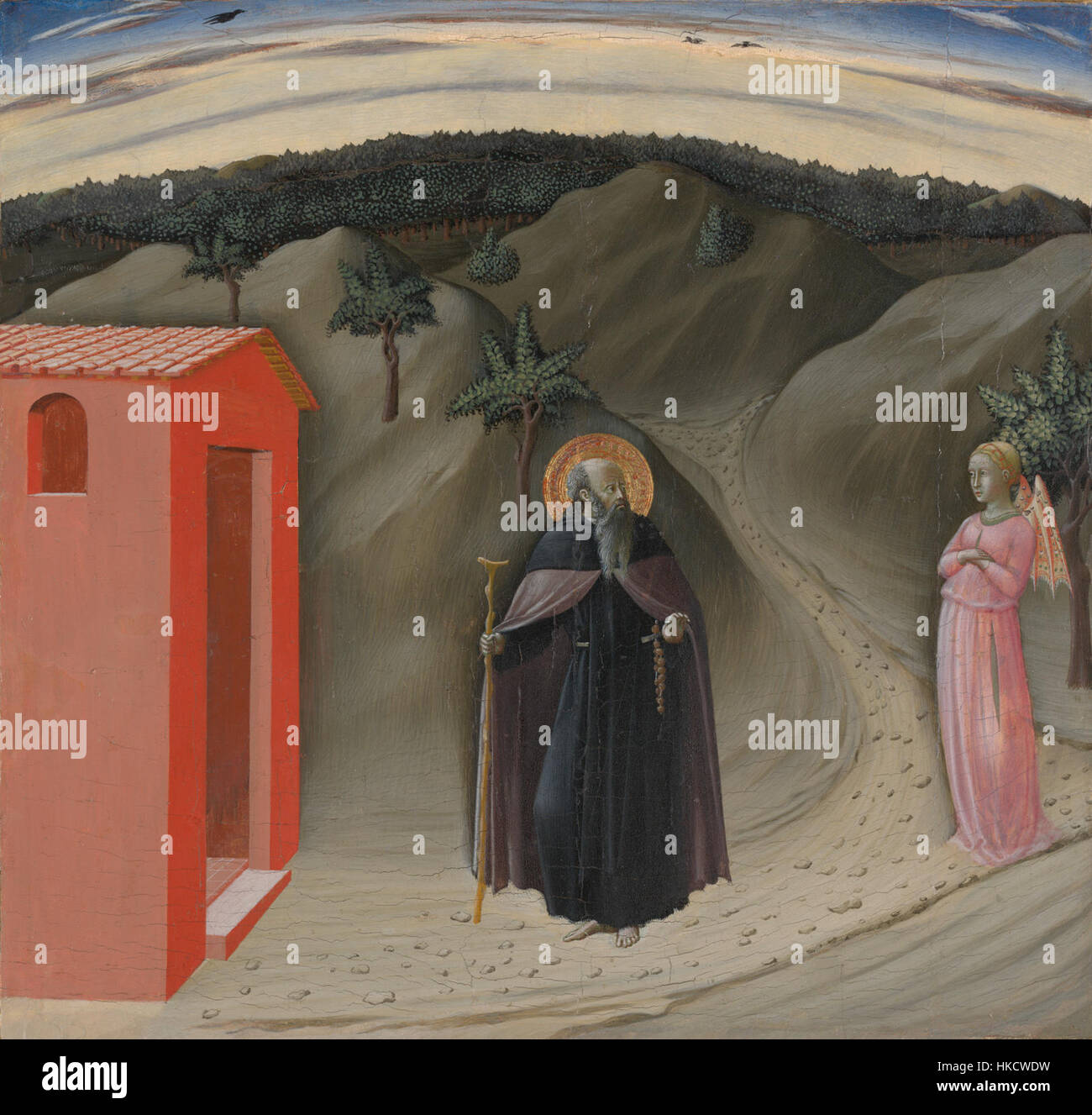 Ein Gemälde mit dem Titel „Meister des Osservanza-Triptychons“, das einen Abt in detaillierter religiöser Bildsprache darstellt. Das Werk ist ein Beispiel für Kunst der frühen Renaissance mit tiefen spirituellen und symbolischen Elementen. Stockfoto