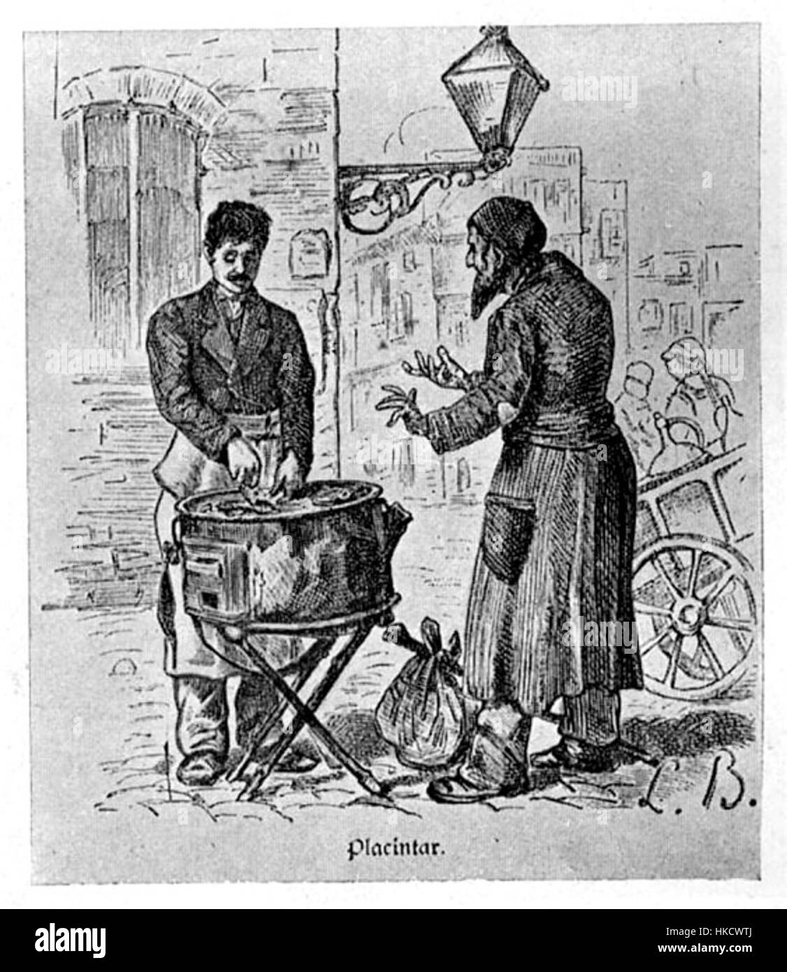 Ein Gemälde aus dem Jahr 1880, das einen griechischen Kuchenmacher in Bukarest zeigt und die lokale Kultur und das traditionelle Handwerk dieser Zeit feststellt. Das Kunstwerk spiegelt die lebendige und historische Atmosphäre der Zeit wider und konzentriert sich auf die Feinheiten des täglichen Lebens und der handwerklichen Arbeit. Stockfoto