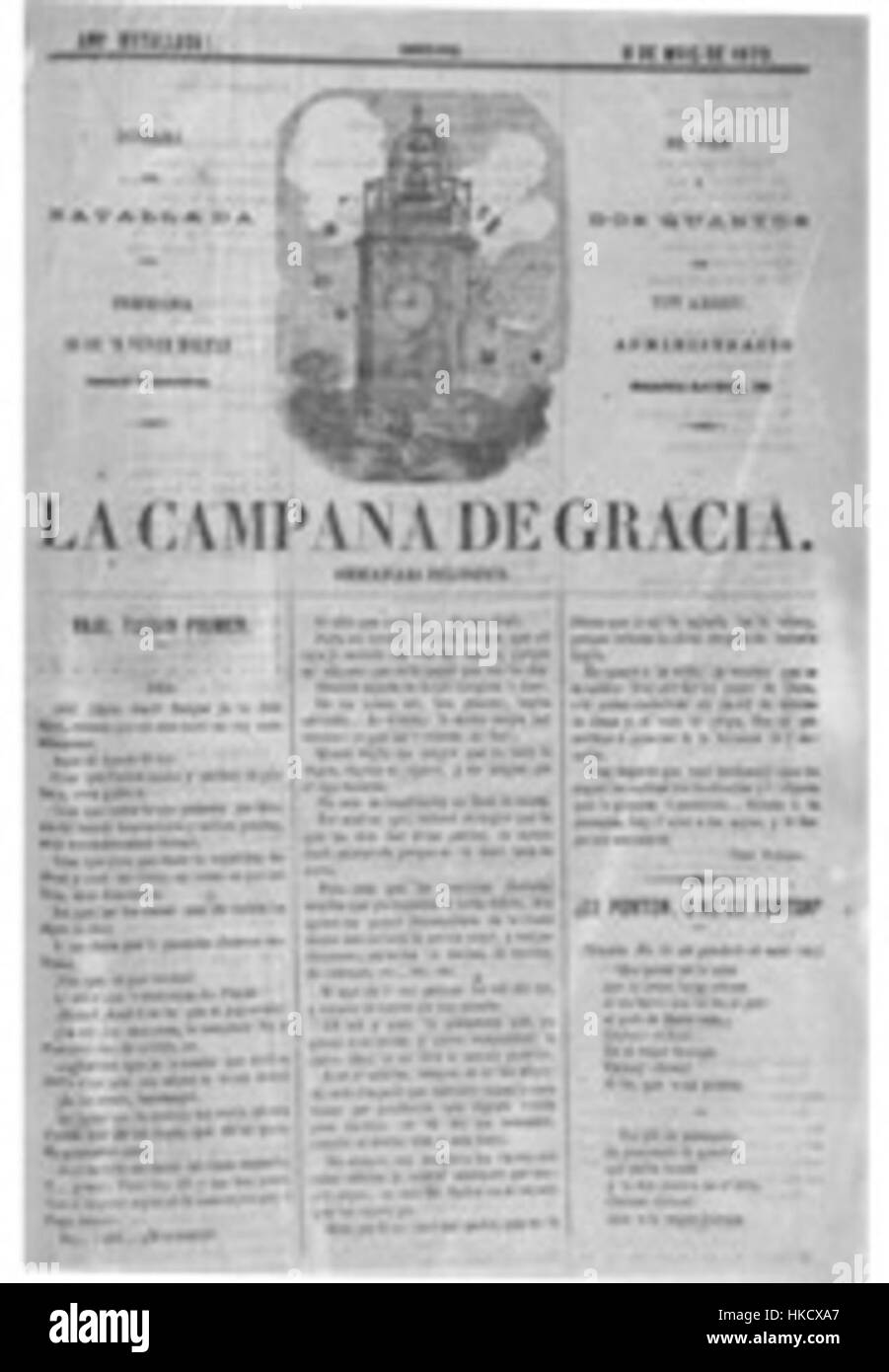 Die „Campana de Gracia“ stellt eine detaillierte Darstellung eines historischen architektonischen Merkmals dar, wobei der Schwerpunkt auf der Eingangstür oder dem Eingang (Portada) liegt. Das Kunstwerk hebt die komplizierten Entwürfe und die historische Bedeutung des Bauwerks hervor. Stockfoto