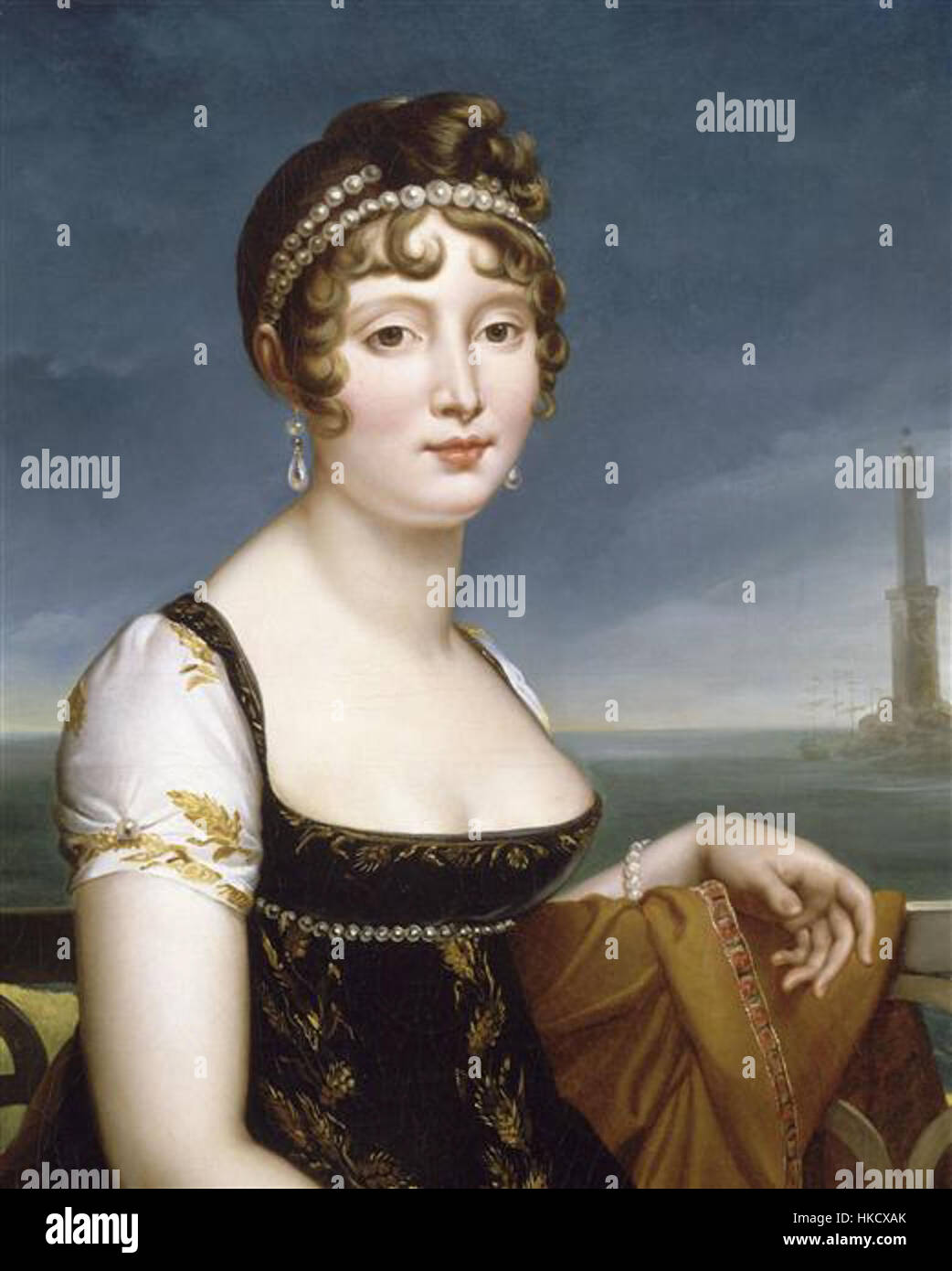 Dieses historische Gemälde mit dem Titel „Caroline Murat devant la BA“ zeigt Caroline Murat, die Königin von Neapel, die vor einer Bucht steht und die Eleganz und Macht ihrer königlichen Stellung verkörpert. Das Kunstwerk spiegelt ihren historischen Einfluss während der napoleonischen Ära wider. Stockfoto