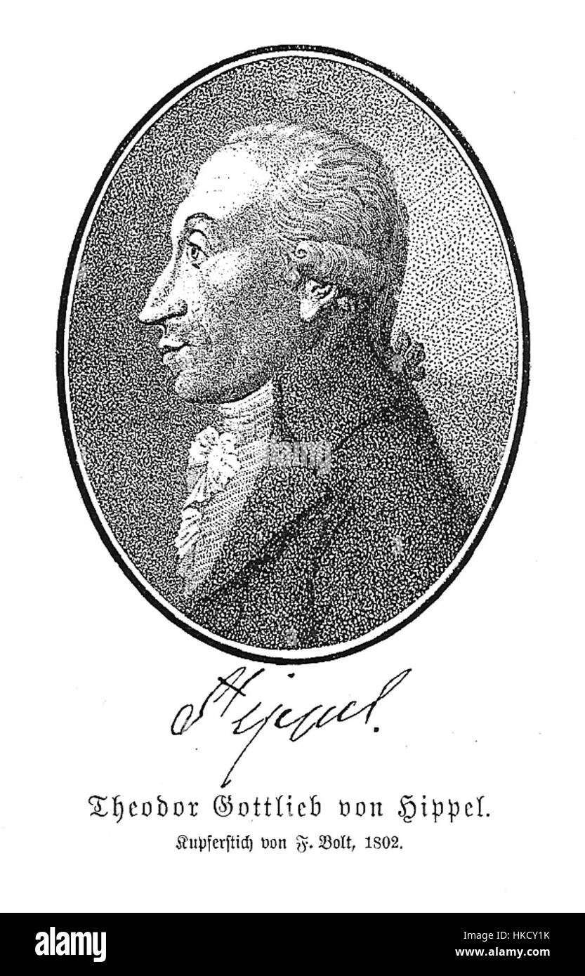 Theodor Gottlieb von Hippel war ein deutscher Schriftsteller und Philosoph, bekannt für seine Beiträge zur deutschen Literatur des 18. Jahrhunderts. Seine Werke konzentrierten sich auf politische Philosophie, Sozialreform und menschliche Natur. Stockfoto