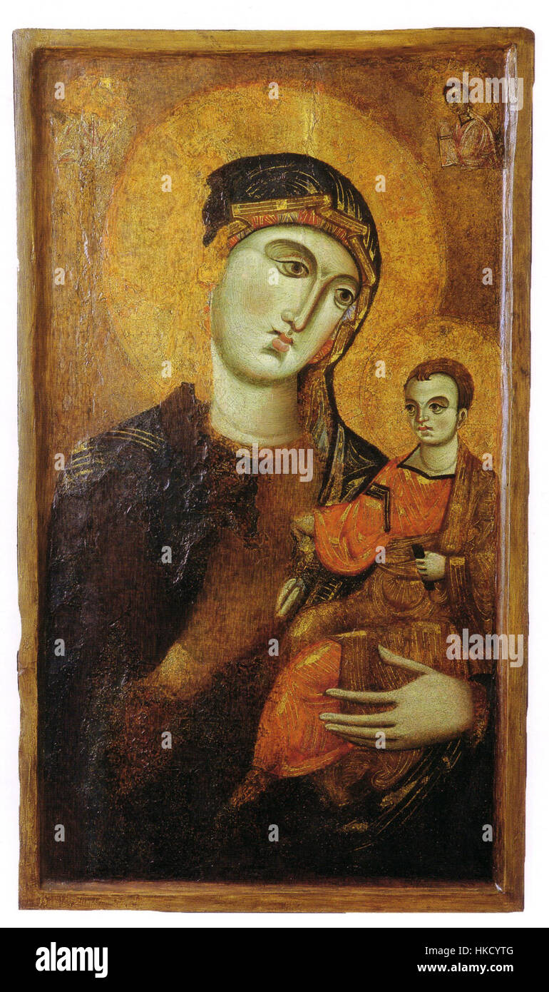 Dieses Gemälde des Maestro dei Santi Cosma e Damiano zeigt die Madonna in ruhiger Pose, ein Schlüsselbeispiel italienischer religiöser Kunst aus der Renaissance, in Pisa. Stockfoto