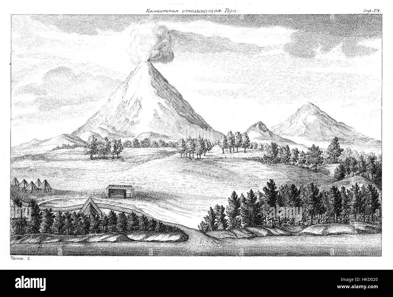 „Der Berg Kamtschatka“ ist ein Kunstwerk, das von den Beschreibungen der Region Kamtschatka in dem Werk „Opisanie Zemli Kamcatki“ aus dem 18. Jahrhundert von Stepan Krascheninnikov inspiriert wurde. Das Gemälde veranschaulicht das zerklüftete, vulkanische Gelände der Halbinsel Kamtschatka, bekannt für ihre dramatische Landschaft und natürliche Schönheit. Stockfoto