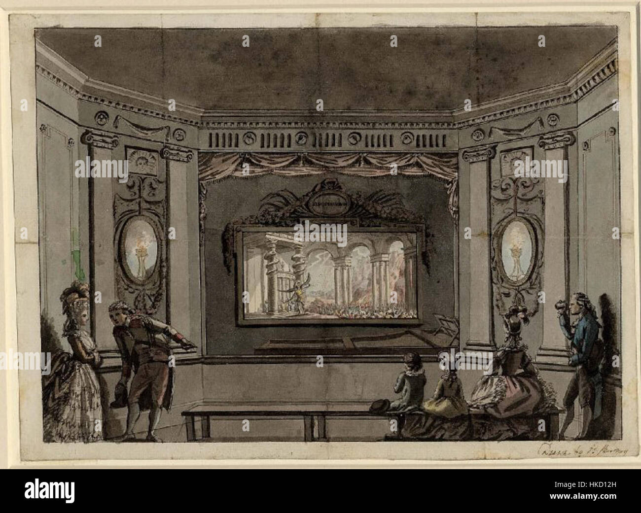 „Eidophusikon“ bezieht sich auf eine frühe Art von mechanischem Theater, das von Philip James de Loutherbourg geschaffen wurde. Es verwendete bewegte Szenen, um dramatische Landschaften oder Ereignisse darzustellen, die oft emotionale Reaktionen des Publikums hervorgerufen haben. Stockfoto