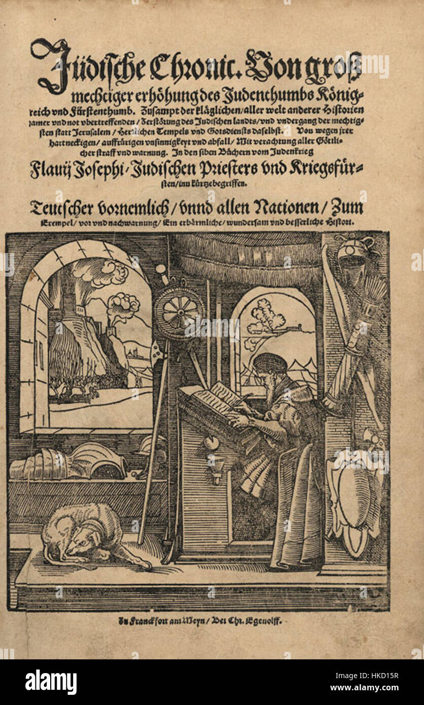 Diese Ausgabe von *Flavius Josephus* aus dem Jahr 1552 ist ein historischer Text, der die jüdisch-römischen Kriege erzählt und einen Einblick in die antike Geschichte bietet. Die Kunstwerke oder Illustrationen des Buches ergänzen den historischen Kontext und stellen die von Josephus beschriebenen Ereignisse visuell dar. Stockfoto