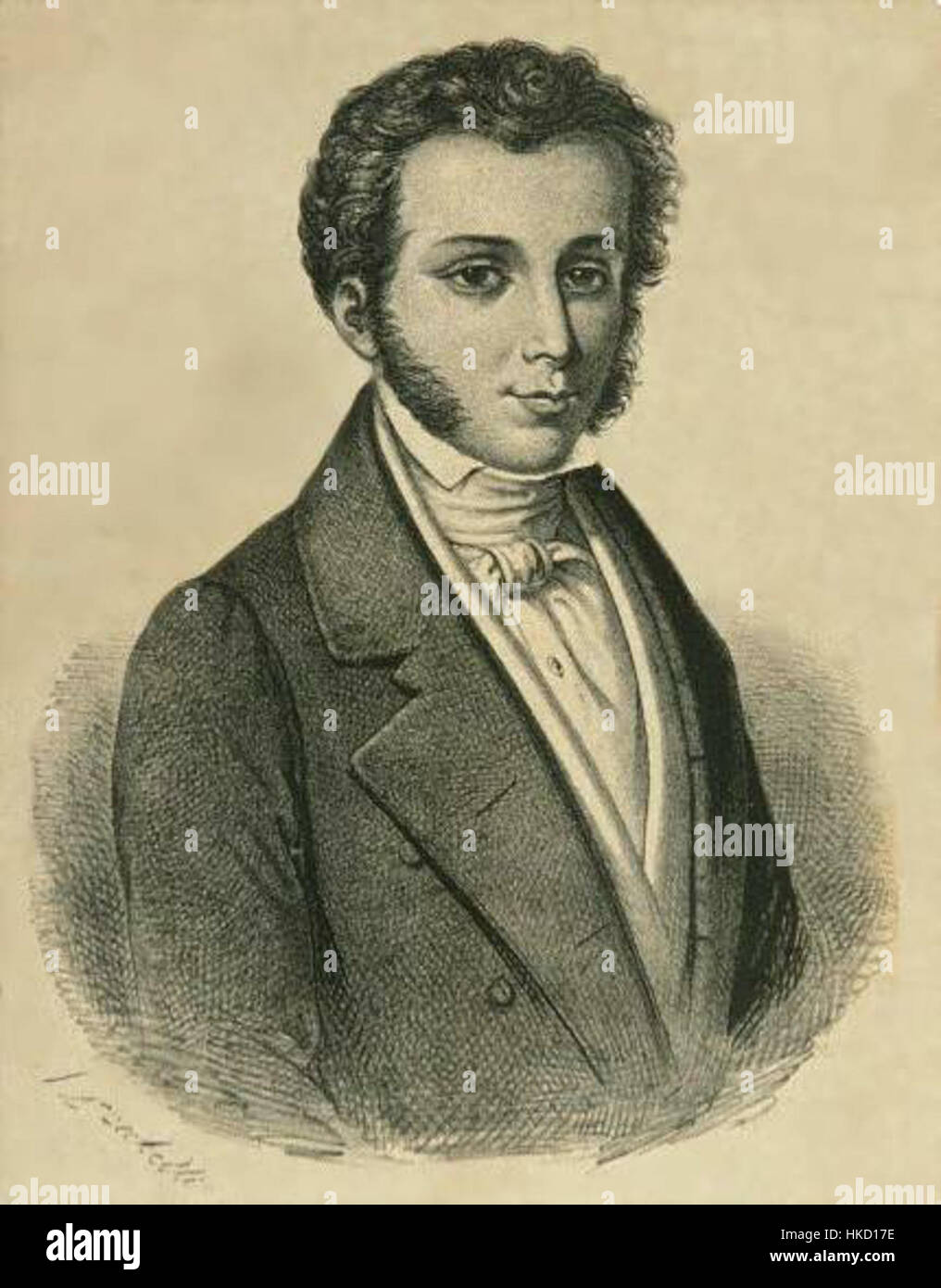 Diese Lithographie von F. Becchetti zeigt Ciro Menotti, einen italienischen Patrioten aus dem 19. Jahrhundert. Das Kunstwerk spiegelt Menottis Rolle in der italienischen Einigungsbewegung wider und fängt sein Gleichnis detailliert ein, was auf Becchetti Porträtkunst hinweist. Stockfoto