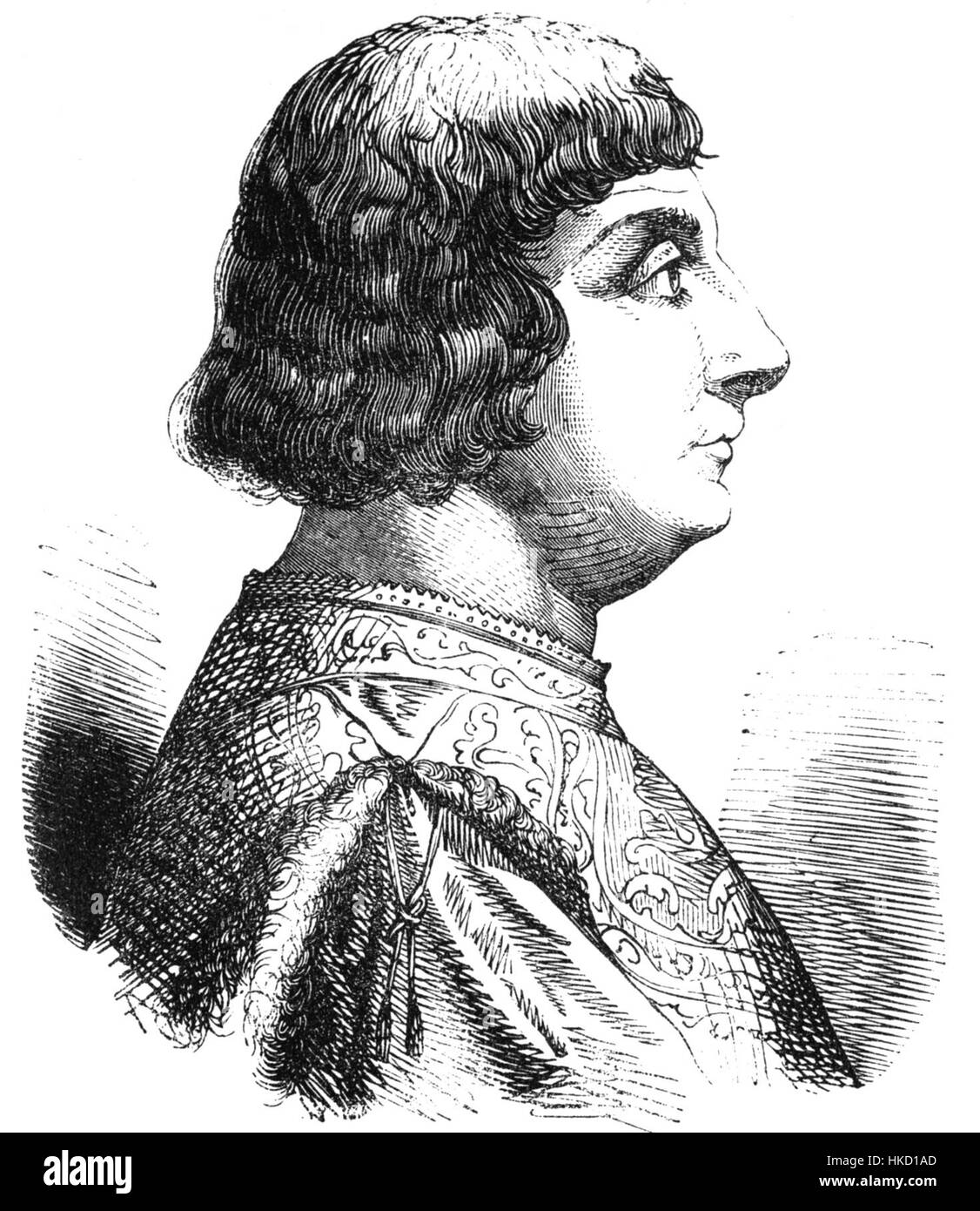 Dieses Porträt von Galeazzo Maria Sforza, einem prominenten italienischen Herzog von Mailand, veranschaulicht seinen Status und seinen Adel. Das Werk, das während der italienischen Renaissance entstanden ist, unterstreicht die königliche Kleidung und würdevolle Präsenz des Themas. Stockfoto
