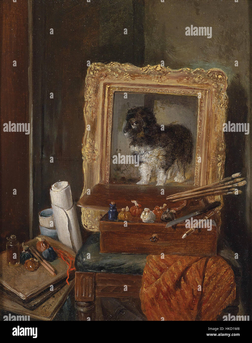 Franz Xaver Grubers „im Atelier des Malers“ aus dem Jahr 1844 ist ein klassisches Beispiel des deutschen Realismus des 19. Jahrhunderts. Es präsentiert einen intimen Blick auf den Künstler bei der Arbeit, der das künstlerische Umfeld und die Werkzeuge des Handwerks in dieser Zeit widerspiegelt. Stockfoto