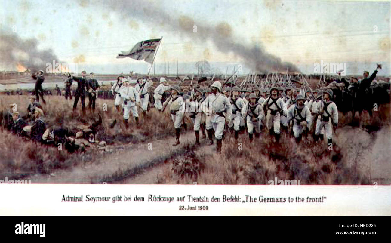 „Deutsche an die Front“ ist ein historisches Kunstwerk, das eine Militärszene darstellt, wahrscheinlich aus dem Ersten Weltkrieg, die deutsche Soldaten in Aktion zeigt. Das Gemälde fängt die Intensität der Schlacht ein und konzentriert sich auf die Entschlossenheit und den Mut der Truppen. Stockfoto