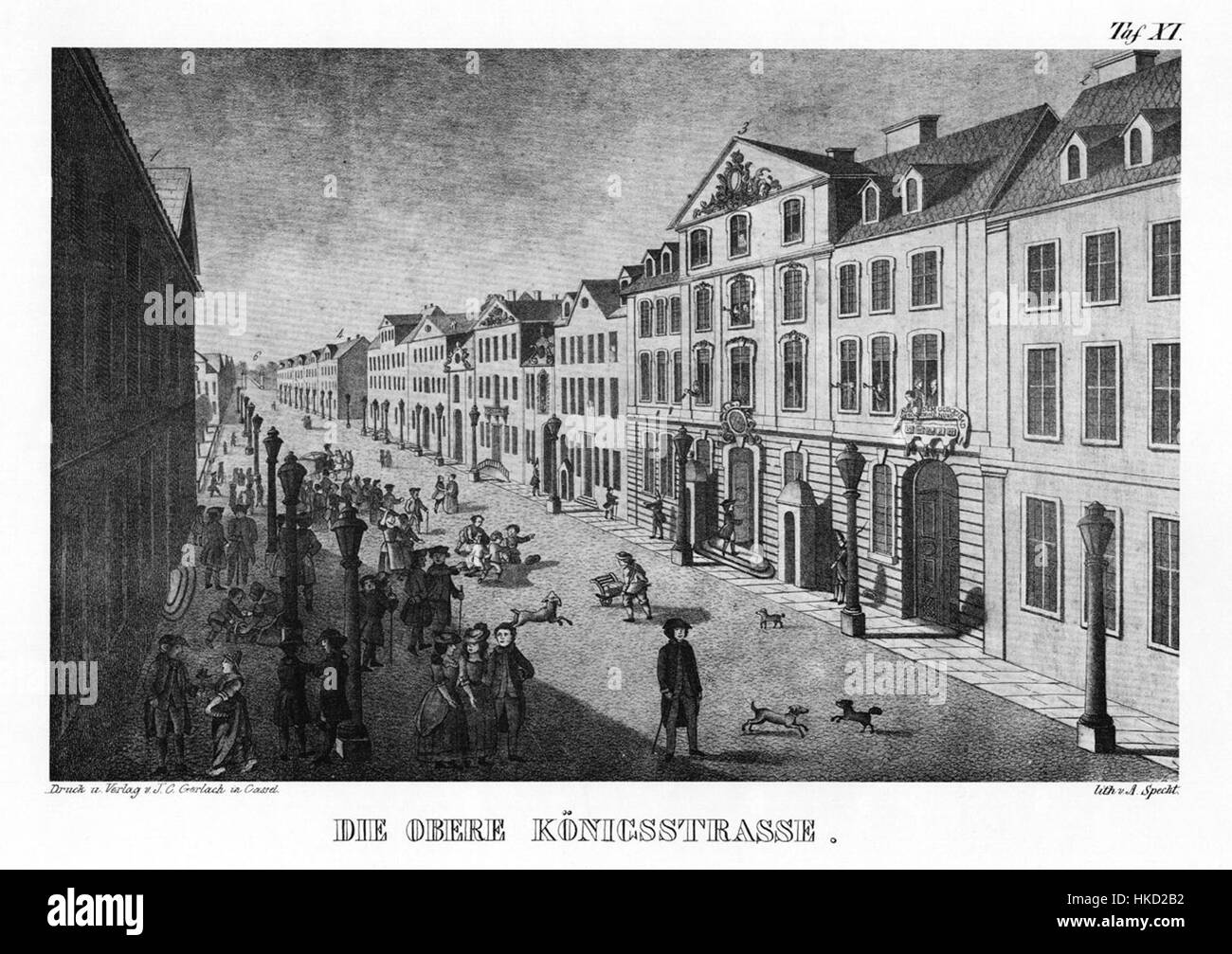 Dieses Gemälde der Oberen Königsstraße in Kassel aus dem Jahr 1844 fängt die urbane Landschaft dieser Zeit ein. Der Künstler beleuchtet die architektonischen Elemente und das tägliche Leben in der Stadt und bietet einen Einblick in die deutsche Kultur und Gesellschaft des 19. Jahrhunderts. Das Werk ist eine bedeutende Darstellung der Stadt während der frühen industriellen Ära. Stockfoto