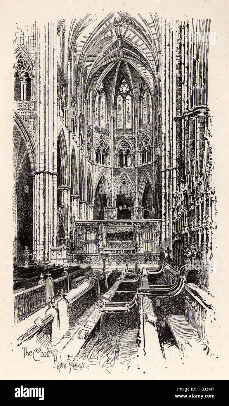 Herbert Railtons Gemälde mit dem Titel *der Chor* aus dem Jahr 1894 zeigt den Chor der Westminster Abbey und fängt die Pracht und Geschichte dieses berühmten britischen Wahrzeichens ein. Railtons Arbeit konzentriert sich auf die architektonische und kulturelle Bedeutung der Abbey. Stockfoto