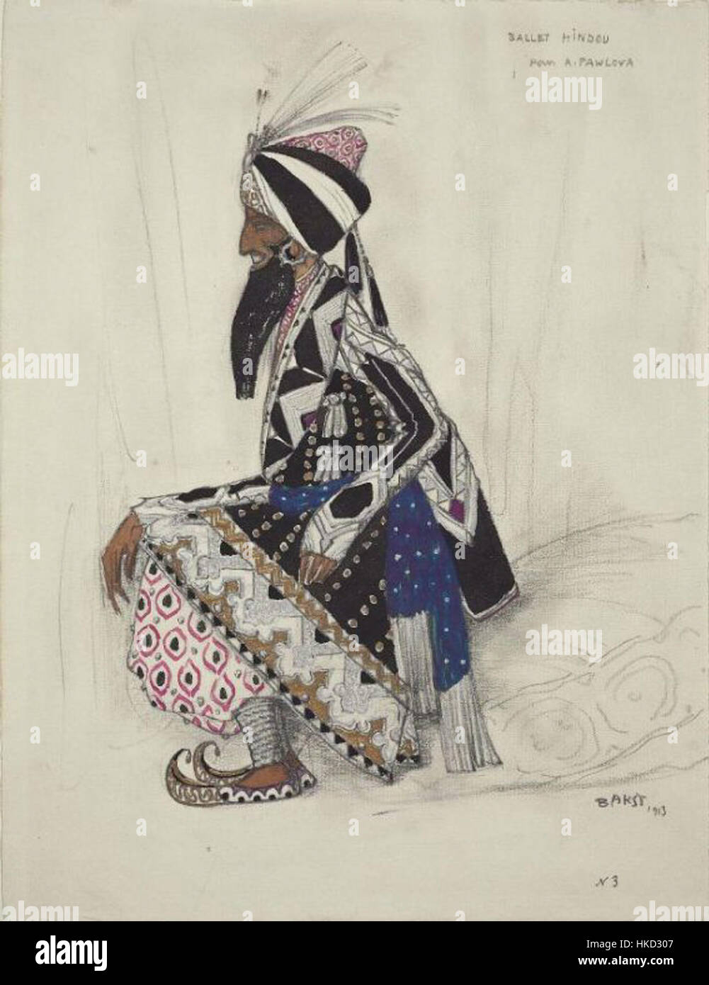 Dieses lebendige Kunstwerk von Léon Bakst fängt die dynamische Bewegung und Farbe des Hindu Balletts Nr. 3 ein. Baksts mutiger Einsatz von Farben und komplizierten Mustern veranschaulicht seinen unverkennbaren Stil und erweckt die Energie des Tanzes zum Leben. Stockfoto