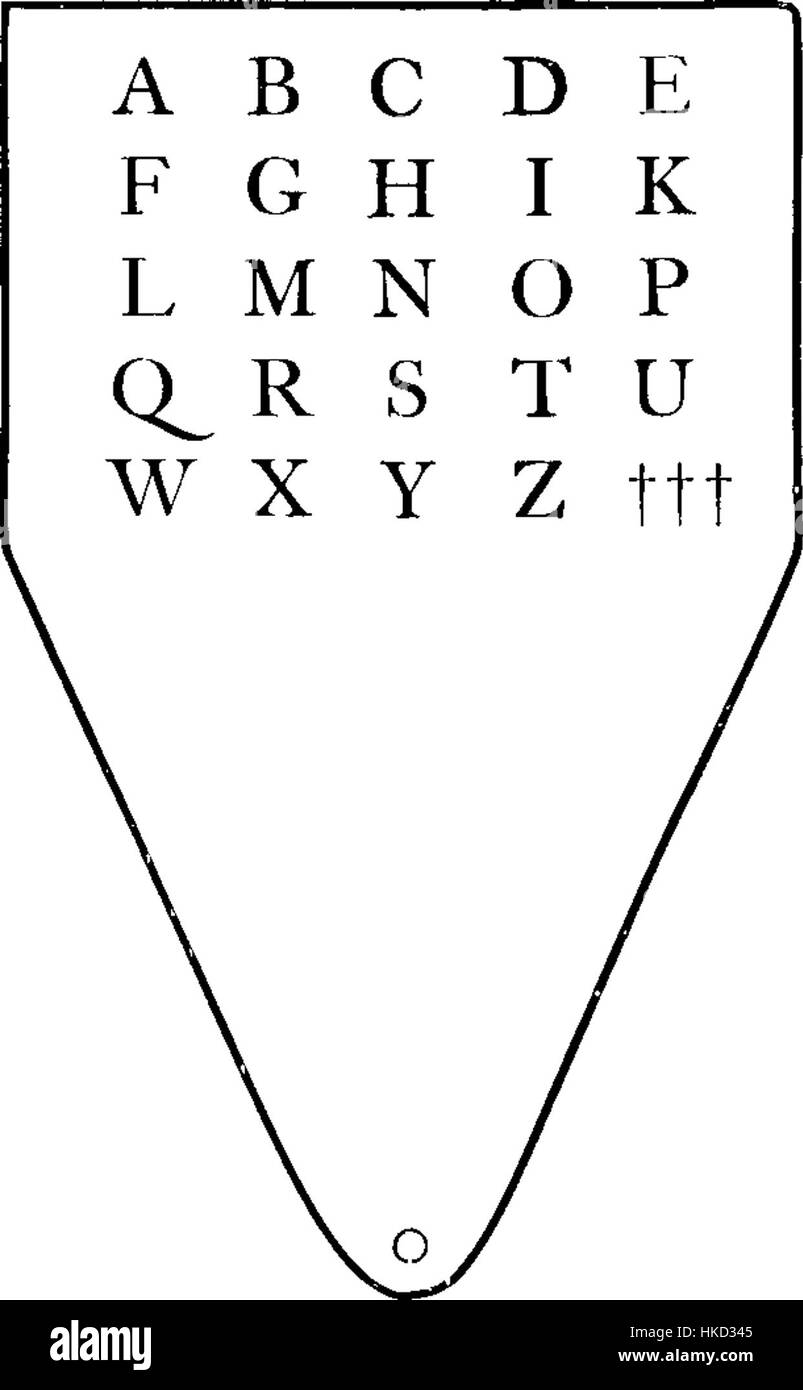 Dieses Hornbuch, ein Werkzeug, das in der Bildung verwendet wird, stellt eine frühe Form der Lehrhilfe dar. Häufig im 17. Jahrhundert verwendet, enthielt es das Alphabet, Zahlen und religiöse Phrasen. Die Arbeit spiegelt die pädagogischen Praktiken und den historischen Kontext der Zeit wider. Stockfoto
