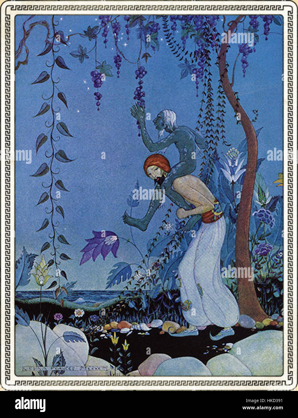 Die Kunstwerke der Arabischen Nächte stellen Themen aus der nahöstlichen Folklore dar und zeigen fantastische Geschichten und mythische Charaktere. Die Illustration fängt die exotischen und reichen visuellen Geschichten der arabischen Kultur ein und verbindet traditionelle Kunst mit den bezaubernden Geschichten des Ostens. Stockfoto