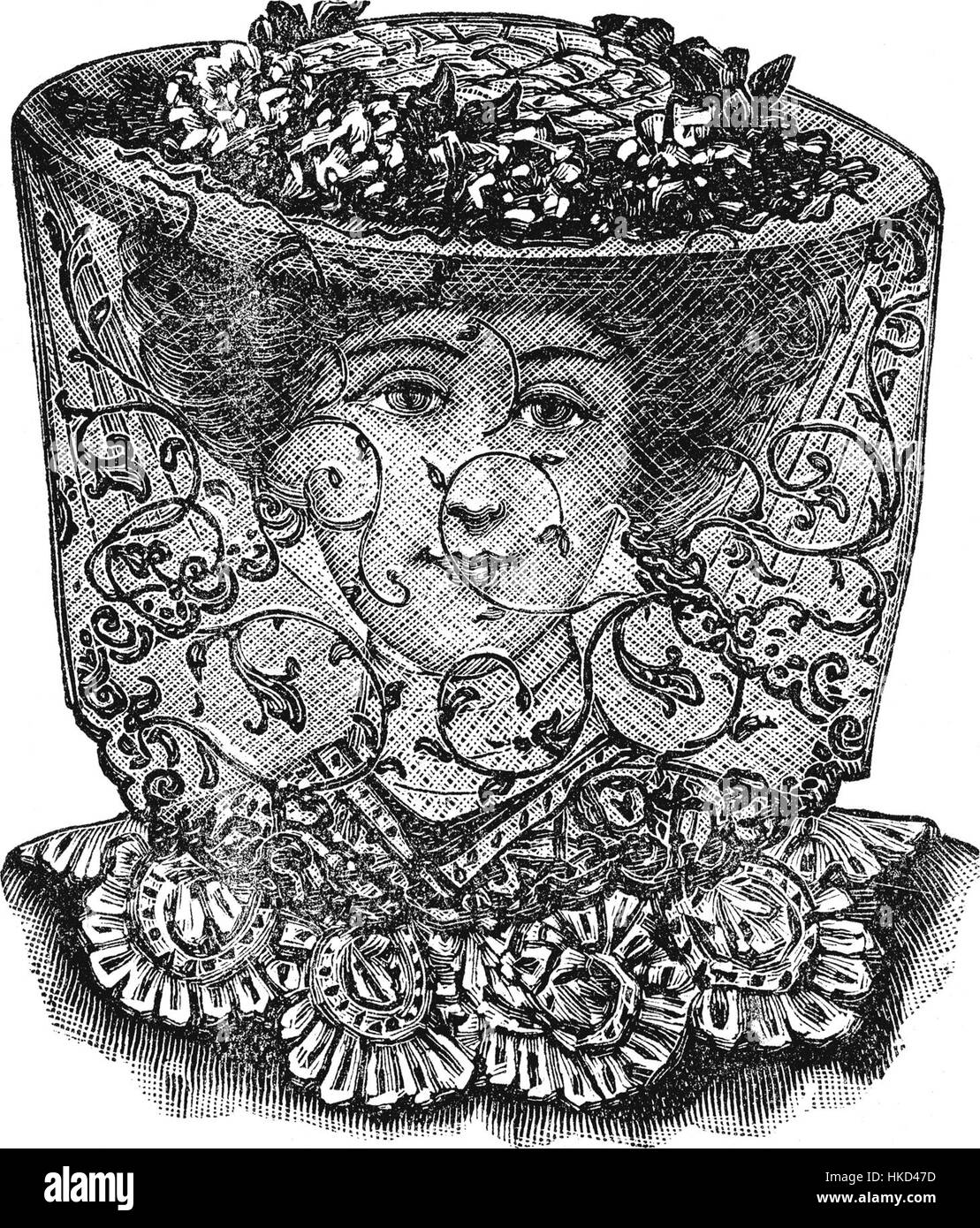 Dieses Stück Chantilly-Tüll, bekannt als *Voilette*, ist ein zarter Spitzenstoff, der historisch in Mode und Accessoires verwendet wird. Es ist bekannt für seine komplizierte Schnürung und sein elegantes Design, ein Grundpfeiler der Haute Couture im 19. Jahrhundert. Stockfoto