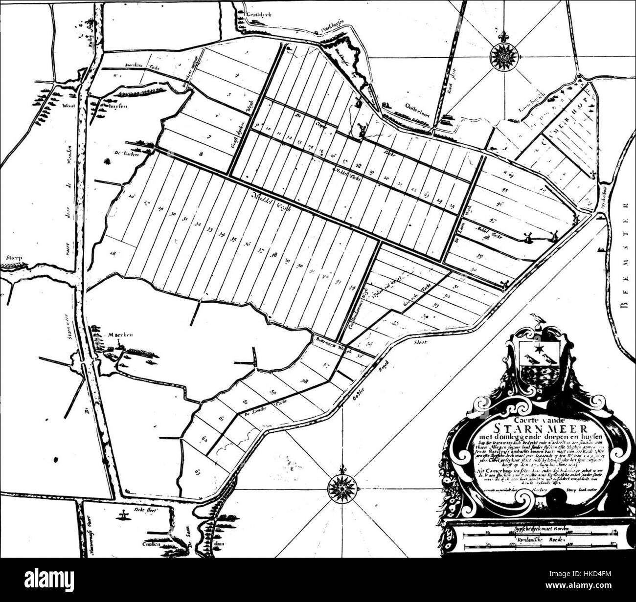 Diese historische Karte von Starnmeer und Kamerhop bietet eine detaillierte Darstellung der niederländischen Landschaft. Karten wie diese waren für die Schifffahrt, den Landbesitz und die Stadtplanung von entscheidender Bedeutung. Stockfoto