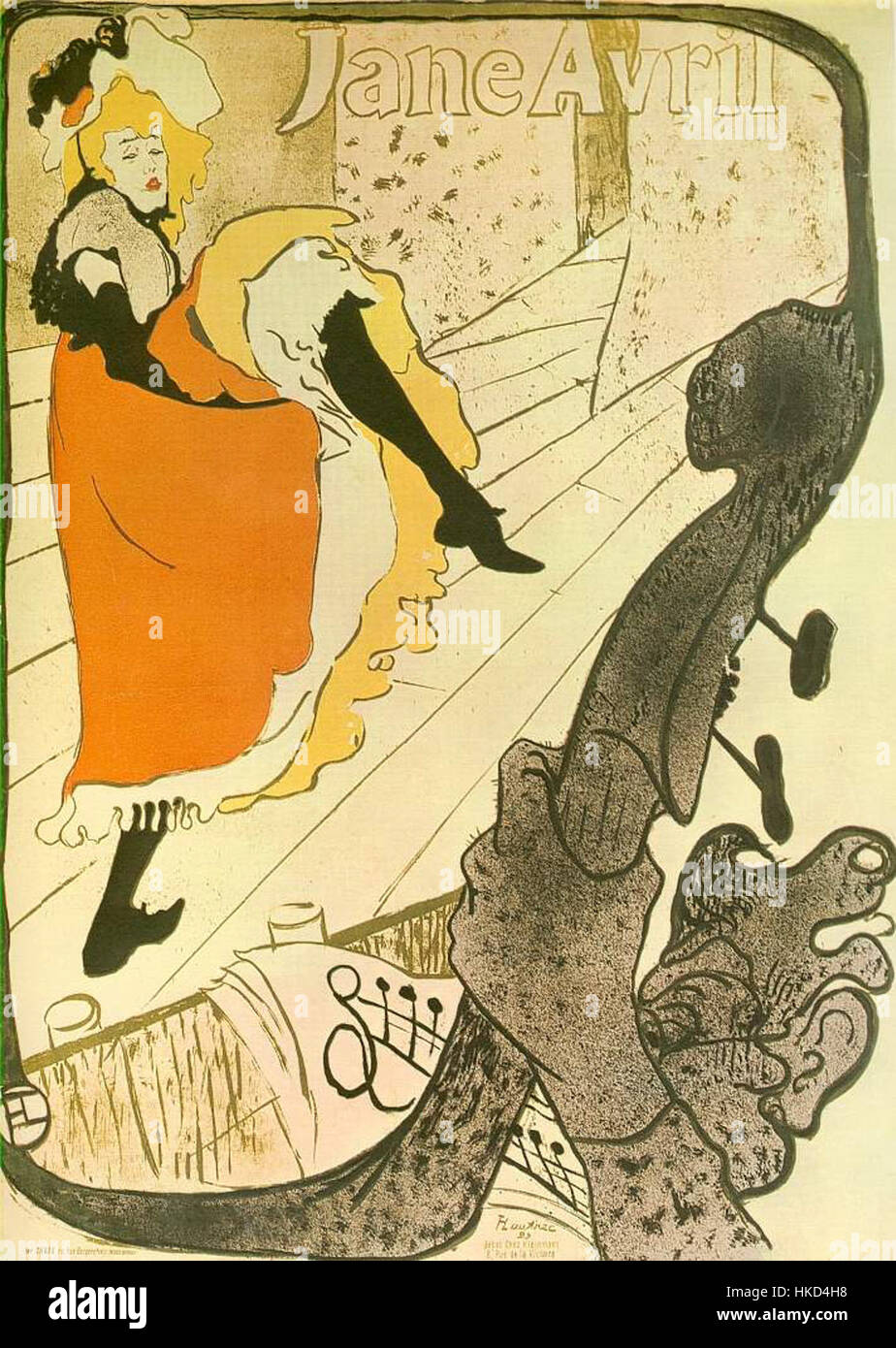„Jane Avril“ von Henri Toulouse-Lautrec, ein berühmtes Porträt der französischen Can-Can-Tänzerin Jane Avril, das ihre lebendige Performance in einem kühnen und farbenfrohen Stil festlegt. Stockfoto