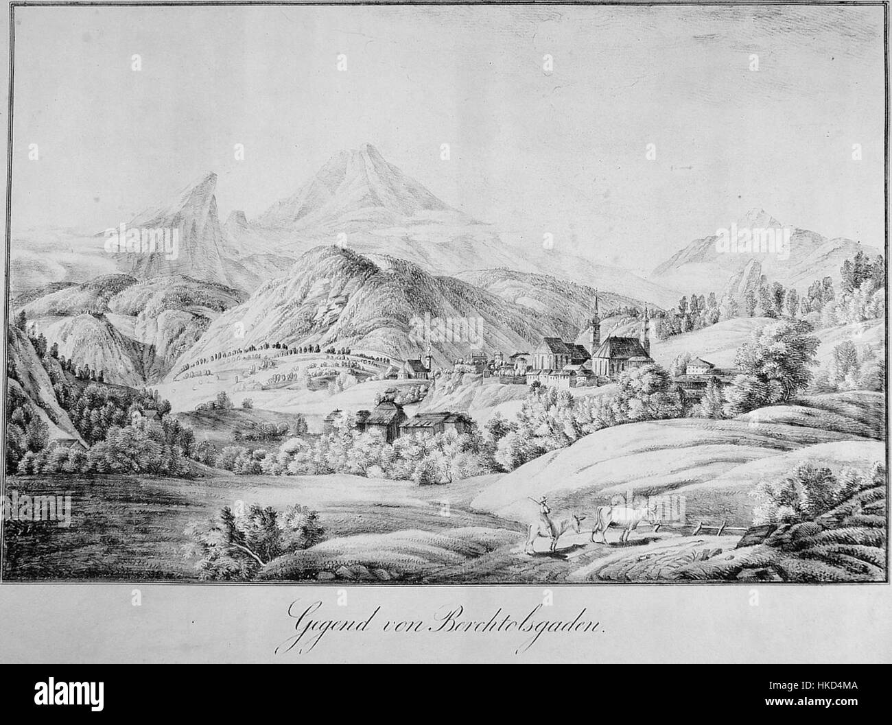 „Gegend von Berchtesgaden“ ist eine Kreidelithographie von Kaspar Auer, die die malerische Landschaft Berchtesgadens in Bayern zeigt. Die Lithografie erfasst das raue Gelände und die natürliche Schönheit der Gegend mit feinen Details und Texturen, die für Auers Landschaftswerke charakteristisch sind. Stockfoto