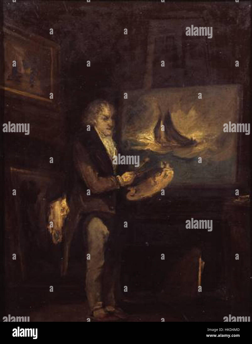 Dieses Bild zeigt ein Werk von J.M.W. Turner, wie es von J.T. Smith dargestellt wurde. Turner, bekannt für seine ausdrucksstarken Landschaften und seine Beherrschung des Lichts, wird in dieser Interpretation präsentiert und fängt seine dynamische künstlerische Vision der Natur und der Elemente ein, die sein kreatives Genie geformt haben. Stockfoto