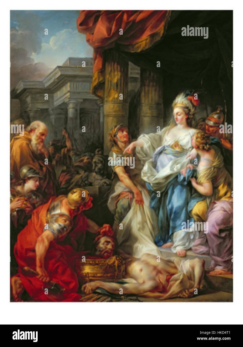 Dieses historische Gemälde „die Enthauptung von Kyrus III.“ von Jean Simon Berthelemy zeigt die dramatische Hinrichtung des persischen Königs. Das Kunstwerk fängt die Intensität des Augenblicks ein und zeigt das historische Ereignis mit akribischer Liebe zum Detail. Stockfoto