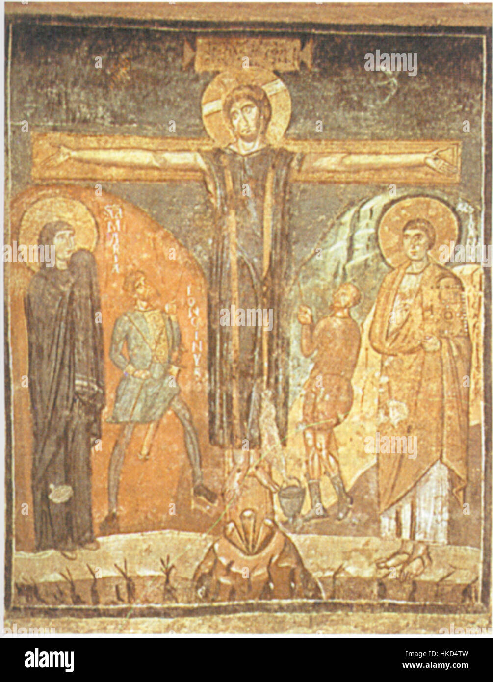 Dieses Gemälde fängt das kraftvolle Bild Jesu am Kreuz ein, ein zentrales Motiv der christlichen religiösen Kunst. Die Darstellung unterstreicht das Opfer und die tiefe Bedeutung dieses biblischen Ereignisses. Stockfoto