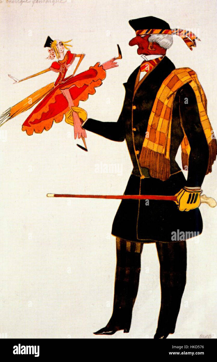 Die fantastische Boutique, ein farbenfrohes Kostümdesign von L. Bakst, präsentiert seinen theatralischen Stil in der Welt des Balletts und des Bühnenentwurfs mit detaillierten und phantasievollen Darstellungen von Kostümen, typisch für seine Arbeit als russischer Künstler und Designer. Stockfoto