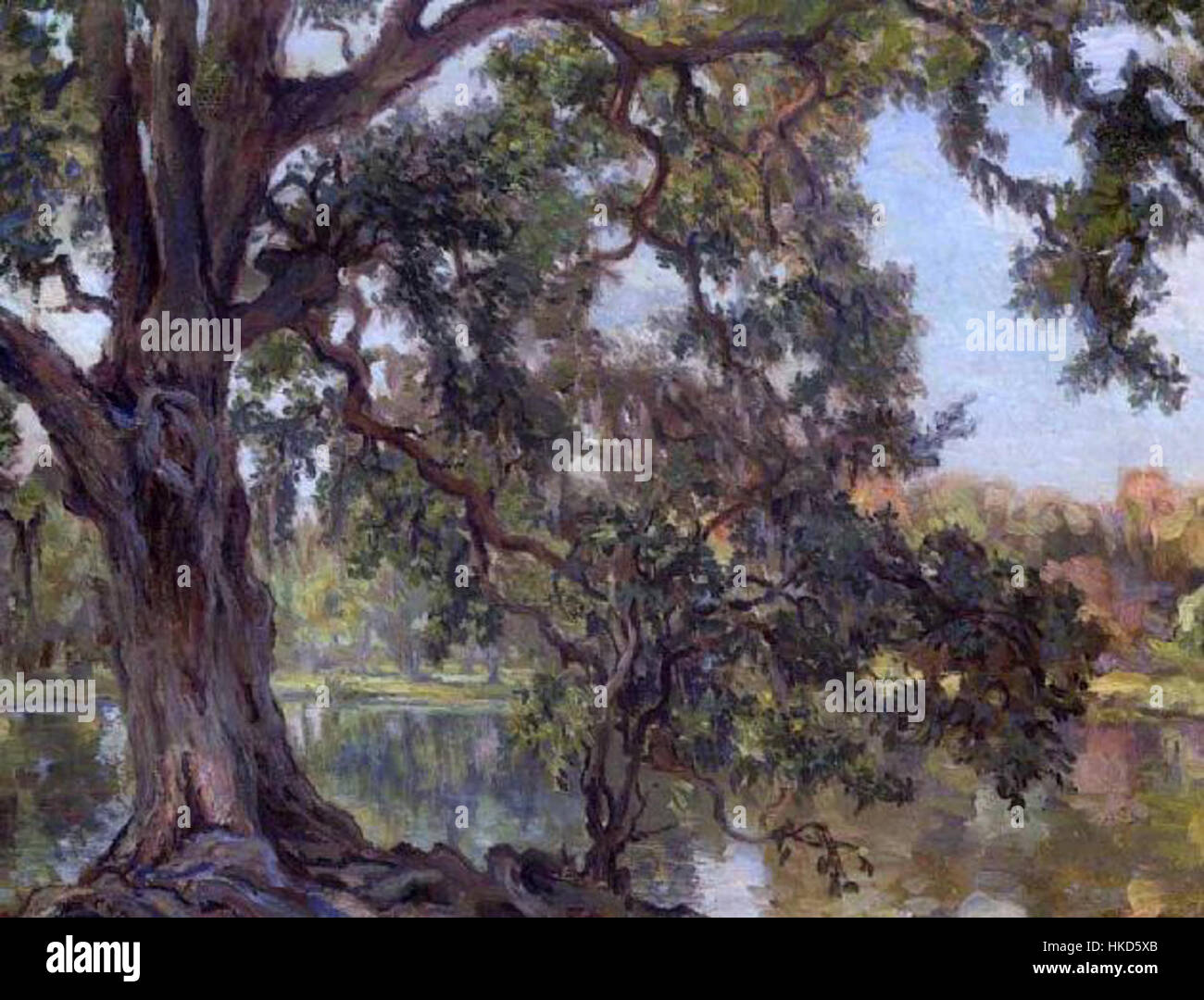 Ein Gemälde von C.W. Boyle, das die Louisiana Live Oak im City Park, New Orleans, zeigt die Pracht dieses berühmten Baumes inmitten der malerischen Umgebung des Parks. Stockfoto