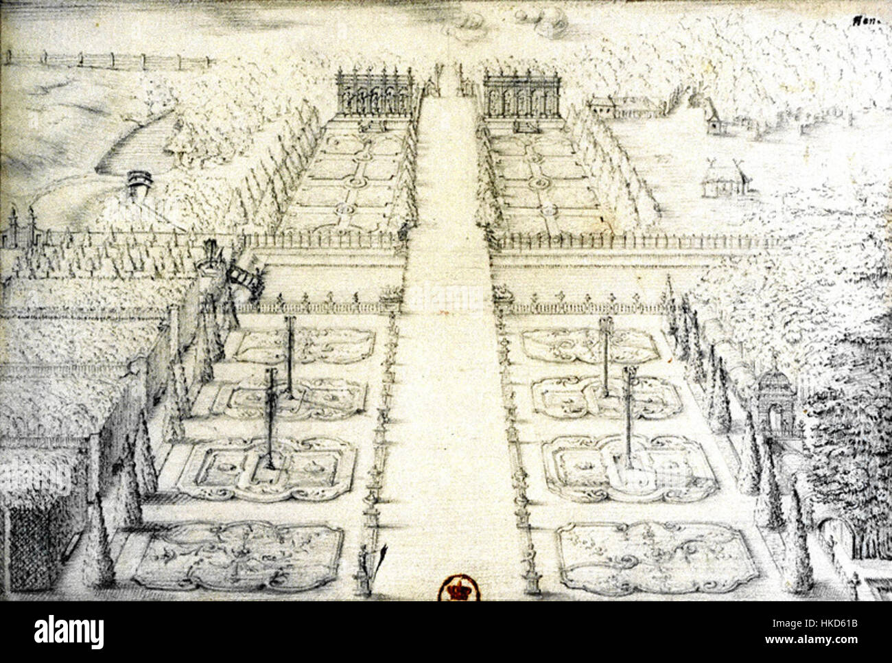 Ein Gemälde des Gartensalons des Branicki Palace, das die barocke Landschaftsarchitektur und die formelle Gartengestaltung zeigt, die typisch für den polnischen Adel des 17. Jahrhunderts ist. Stockfoto