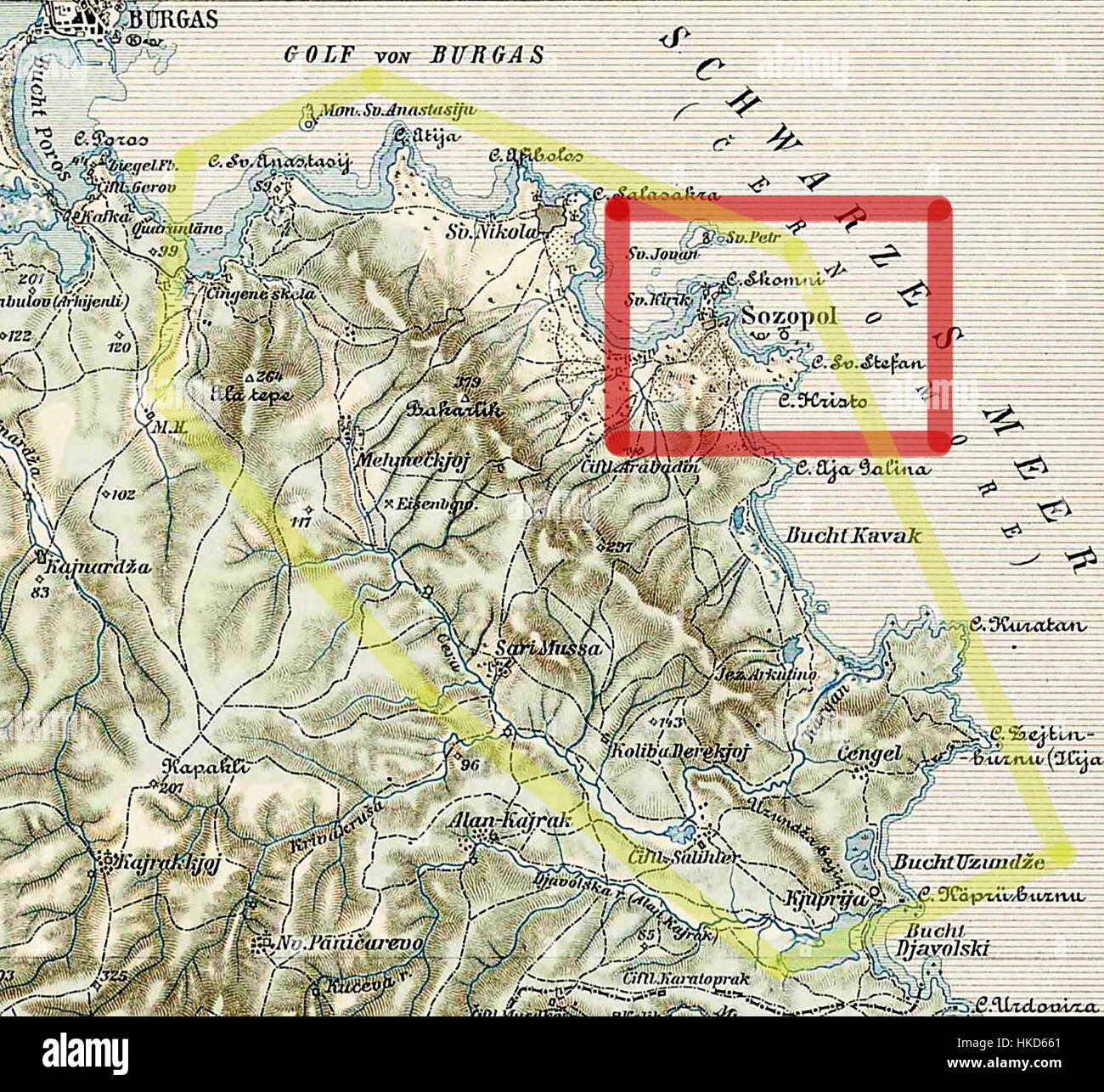 „Map 45 42 Sozopol2“ ist eine historische Karte, die die antike Stadt Sozopol im heutigen Bulgarien darstellt. Die Karte veranschaulicht das geografische Layout und die strategische Bedeutung des Gebiets während seiner historischen Periode. Stockfoto