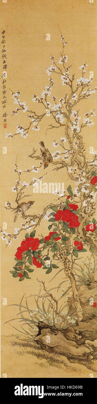 Dieses Kunstwerk von Tsubaki Chinzan ist inspiriert von Chang Qiu Gus Darstellung von Vögeln und Blumen und fängt die zarte Schönheit der Natur im traditionellen ostasiatischen Stil ein. Das Stück spiegelt die Meisterschaft des Künstlers in der Mischung von Flora und Fauna wider, mit feinen Details und einer harmonischen Komposition. Stockfoto