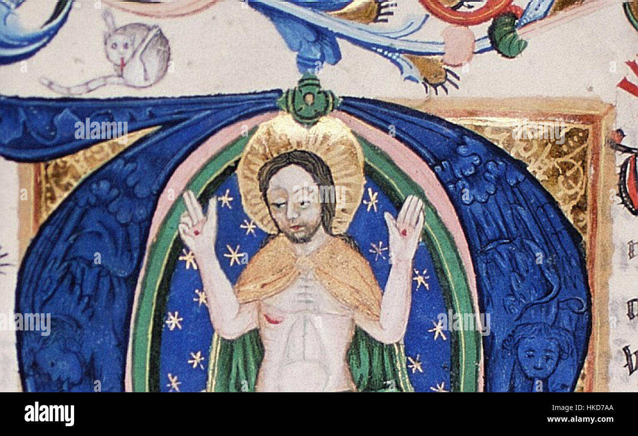 Ein detailliertes Bild einer Seite aus der NYPL112 Missal7 mit komplizierten mittelalterlichen Manuskripten, die religiöse Szenen und Schriften aus dem Mittelalter darstellen. Stockfoto Ein detailliertes Bild einer Seite aus der NYPL112 Missal7 mit komplizierten mittelalterlichen Manuskripten, die religiöse Szenen und Schriften aus dem Mittelalter darstellen. Stockfoto