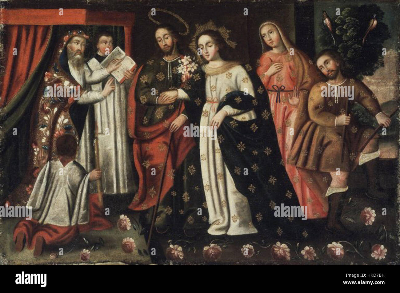 Dieses Kunstwerk, das im Brooklyn Museum untergebracht ist, zeigt die biblische Hochzeit von Maria und Joseph. Die Szene ist im klassischen Stil dargestellt und spiegelt religiöse Themen und historische religiöse Kunst aus der Renaissance wider. Stockfoto