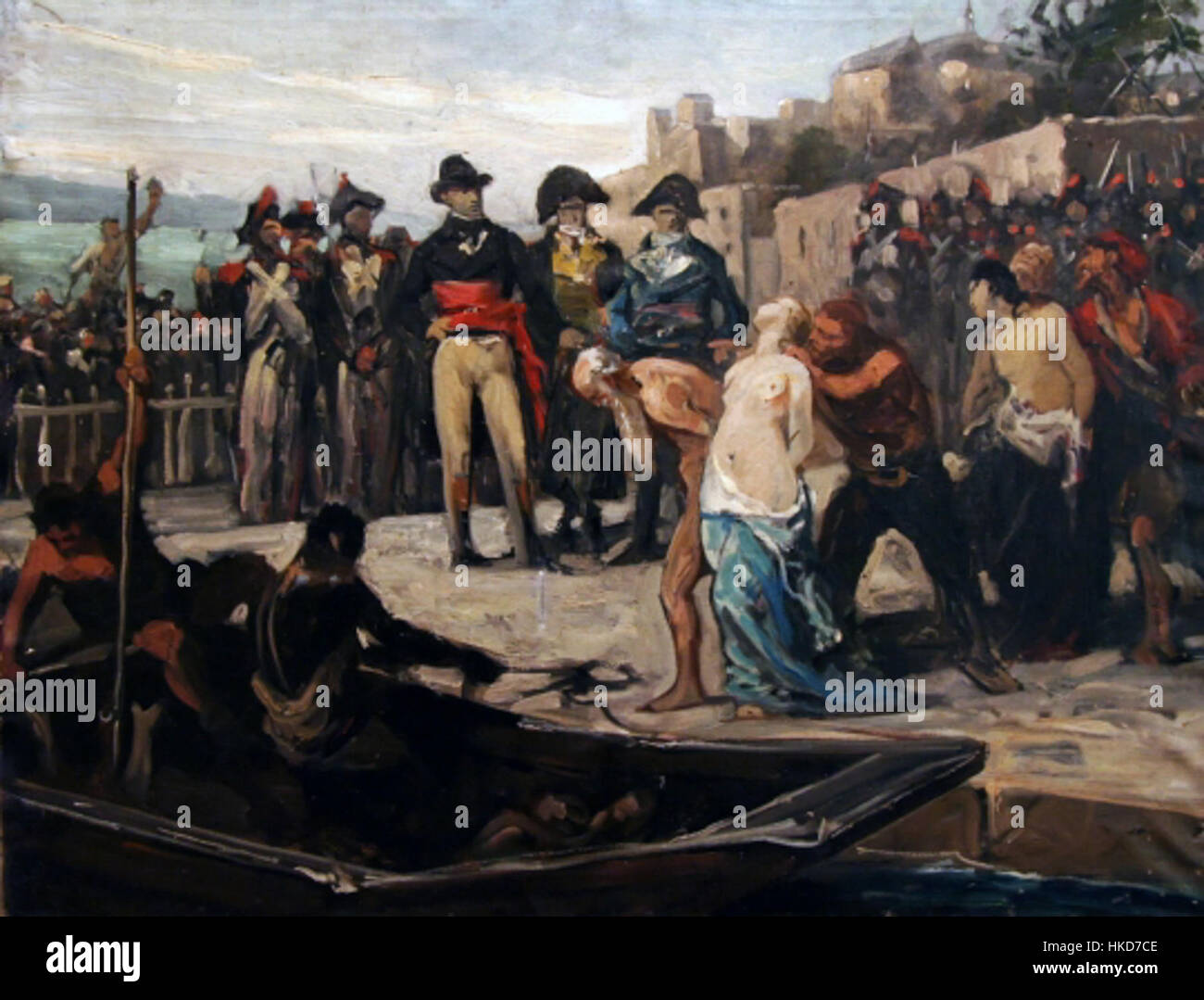 Das Gemälde „Noyades Nantes“ zeigt ein historisches Ereignis während der Französischen Revolution und zeigt das tragische Ertrinken von Opfern in Nantes. Das Kunstwerk veranschaulicht die Schrecken des Ereignisses und die politische Gewalt der Zeit. Stockfoto