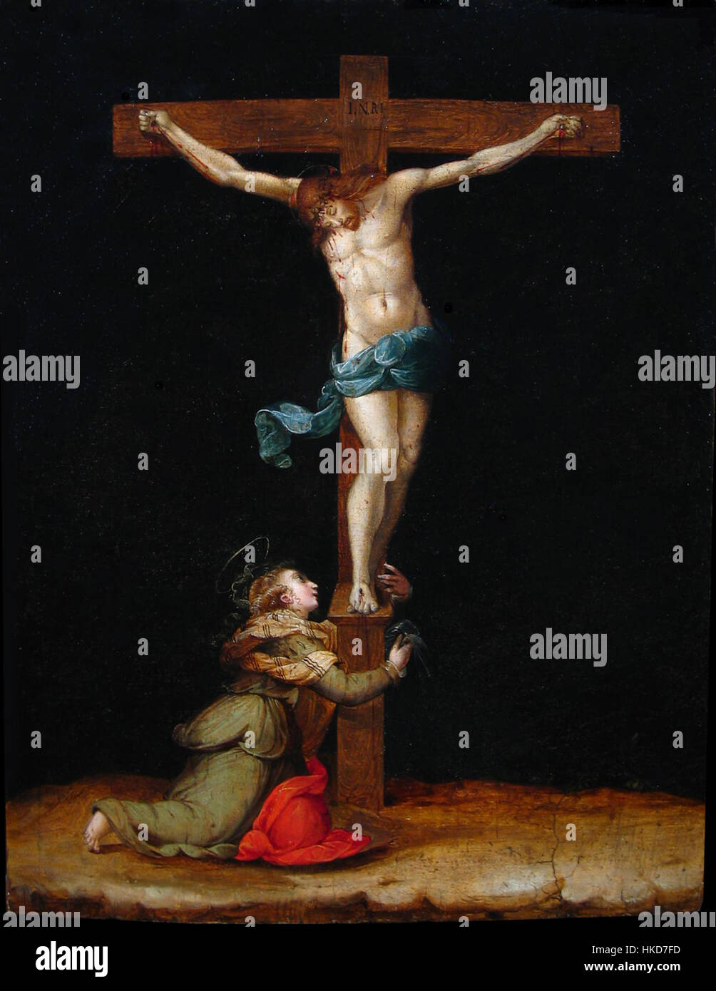 Niccolò Bettis Gemälde „Crucifijo con la Magdalena“ zeigt eine ergreifende religiöse Szene mit Christus am Kreuz und Maria Magdalena zu seinen Füßen. Dieses Öl-auf-Tafelwerk ist Teil der Kunstgalerie Piacenti in Florenz. Stockfoto