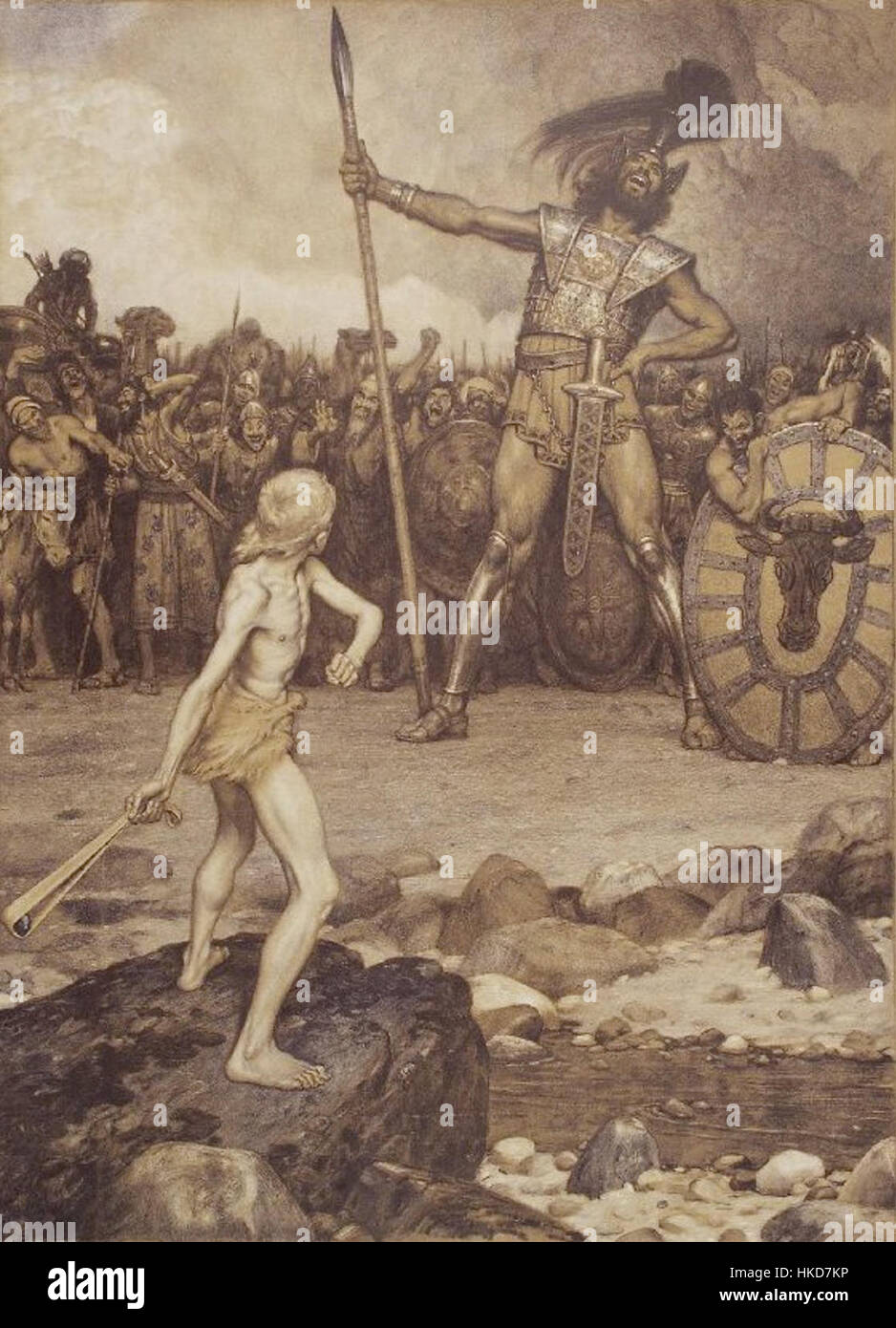 Osmar Schindlers „David und Goliath“ beschreibt die biblische Geschichte von David, der Goliath besiegt. Das Gemälde fängt den Moment des Sieges und Triumphes mit lebendigen Ausdrücken und dynamischem Handeln im biblischen Kontext ein. Stockfoto