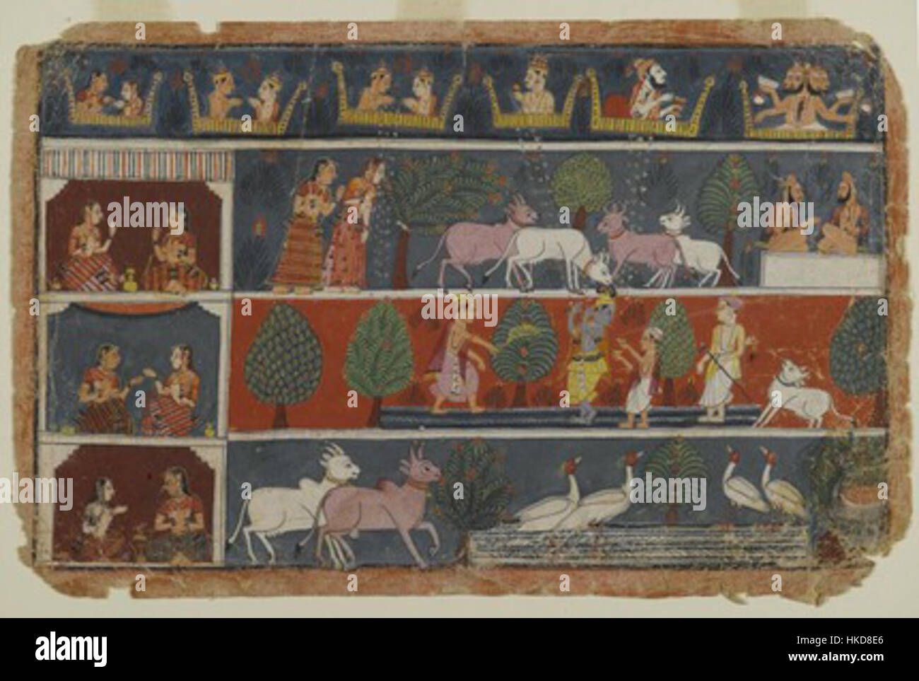 Diese Seite aus der Dispersed Bhagavata Purana Series enthält komplexe Kunstwerke, die die spirituellen und kulturellen Erzählungen der alten indischen Traditionen widerspiegeln. Die Serie, bekannt für ihre detaillierten Illustrationen, bietet eine visuelle Interpretation von Geschichten aus der Bhagavata Purana, einem bedeutenden Text im Hinduismus. Das Kunstwerk zeigt die Mischung von religiöser Ikonographie mit Kunsttechniken, die ein wichtiges kulturelles Erbe Indiens darstellen. Stockfoto