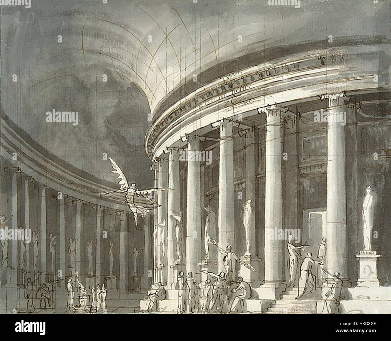 Pietro Gonzagas Bühnenentwurf mit einer Rotunde, die Ende des 18. Jahrhunderts geschaffen wurde, weist ein detailliertes architektonisches Layout auf, das für Theaterproduktionen vorgesehen ist. Das Design veranschaulicht die grandiose Natur der Bühnenanlagen während dieser Zeit und verbindet Eleganz mit Funktionalität. Stockfoto